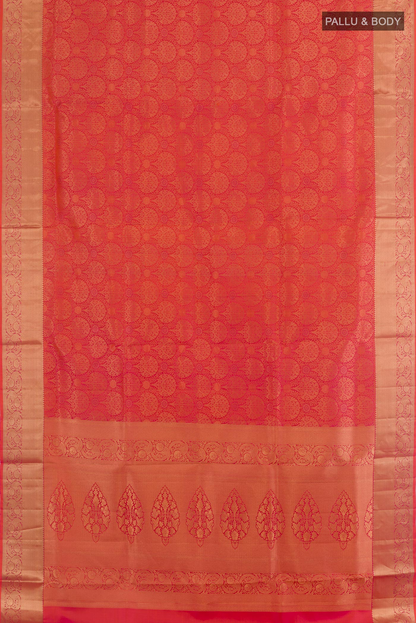 Flat view of Pink with Orange Color Soft Silk Saree with Zari Brocade on the body and Zari Border. 