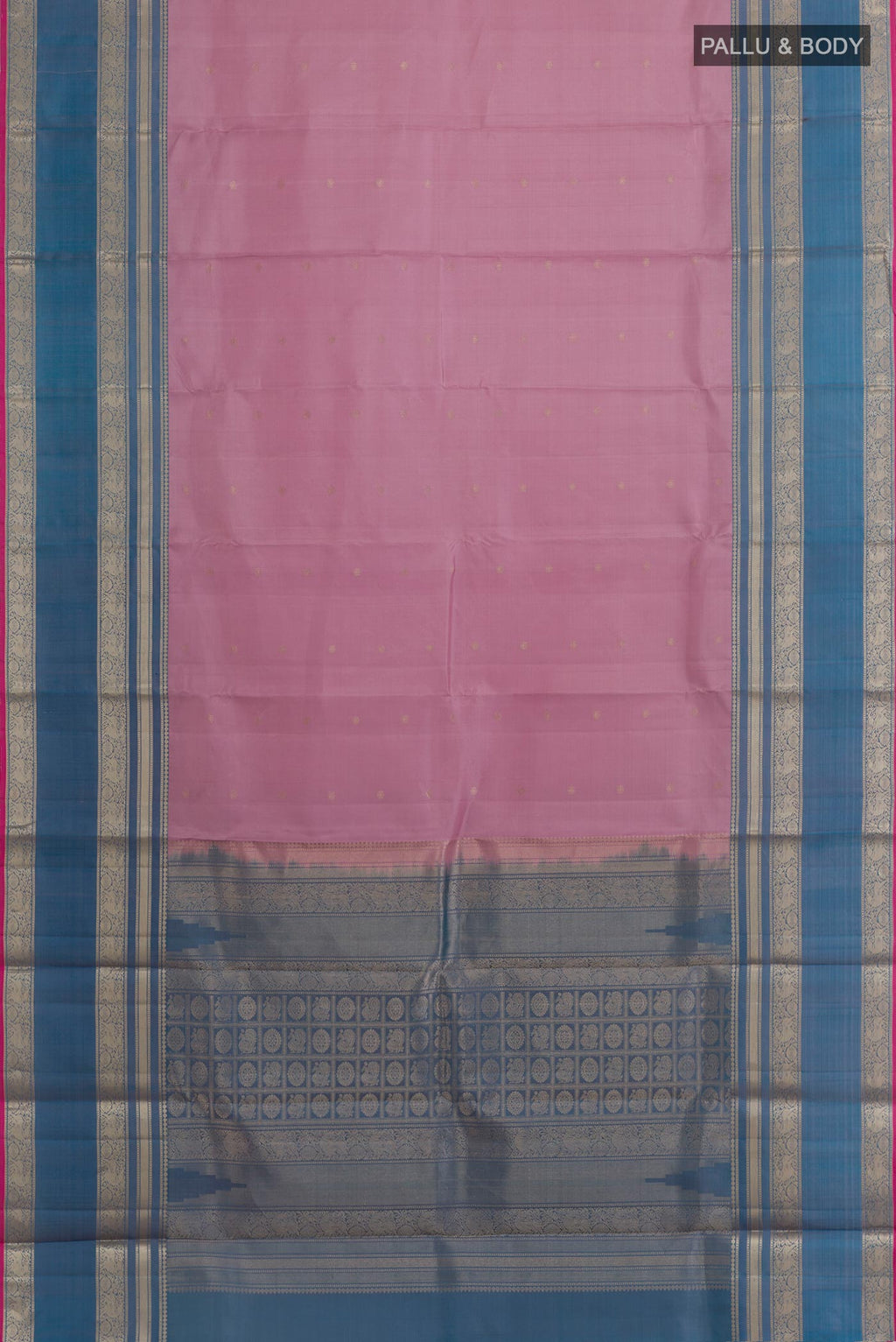 Flat view of Lavender Kanchipuram Silk Saree with Zari Butta on the body and Zari Border. 