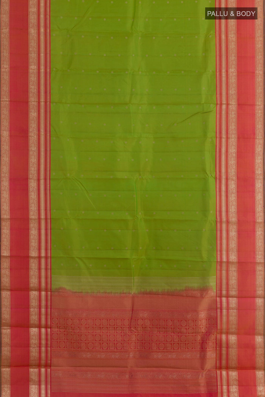 Flat view of Green Kanchipuram Silk Saree with Zari Butta on the body and Zari Border. 