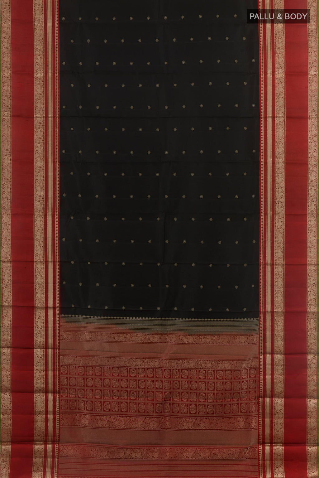 Flat view of Black Kanchipuram Silk Saree with Zari Butta on the body and Zari Border. 