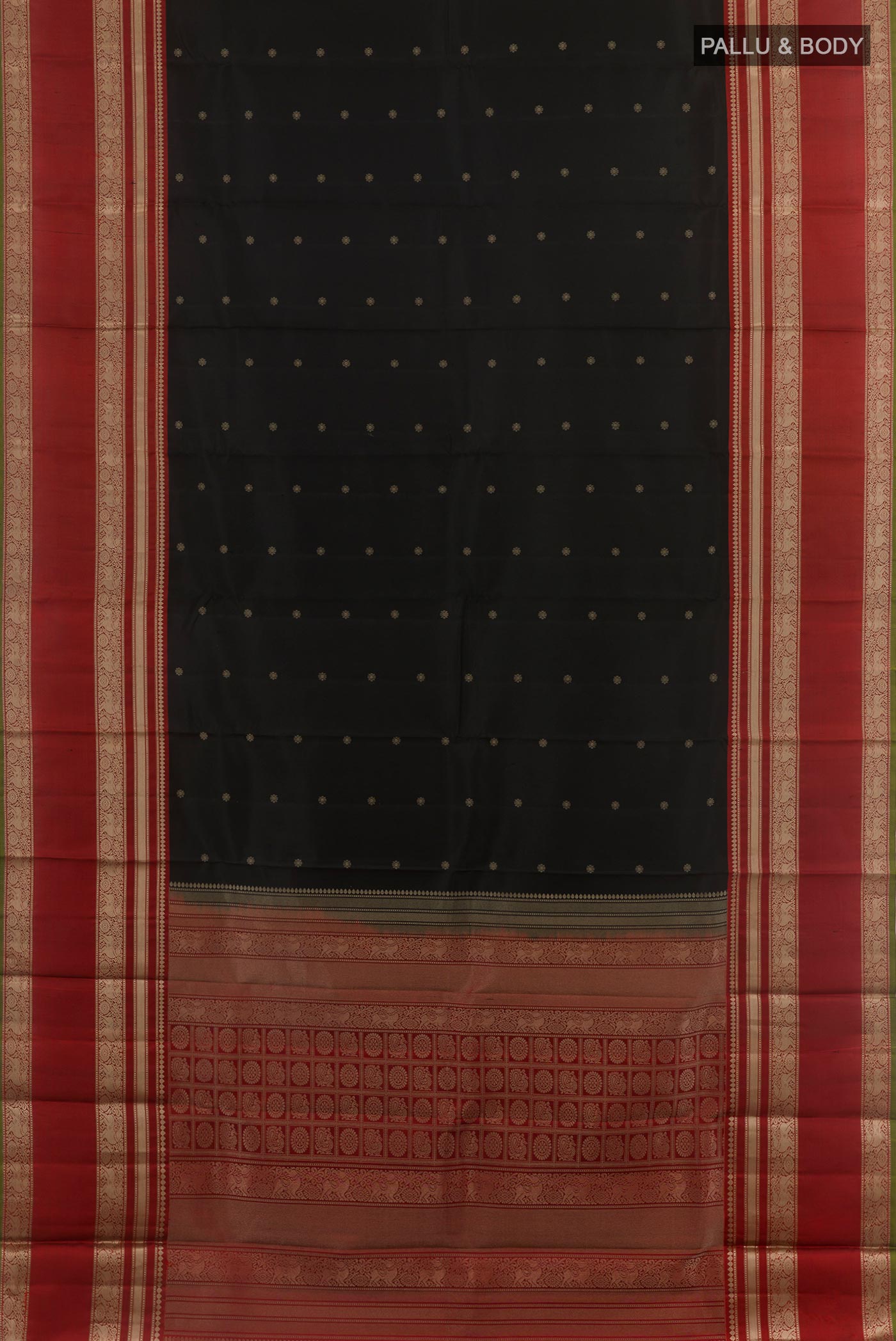 Flat view of Black Kanchipuram Silk Saree with Zari Butta on the body and Zari Border. 