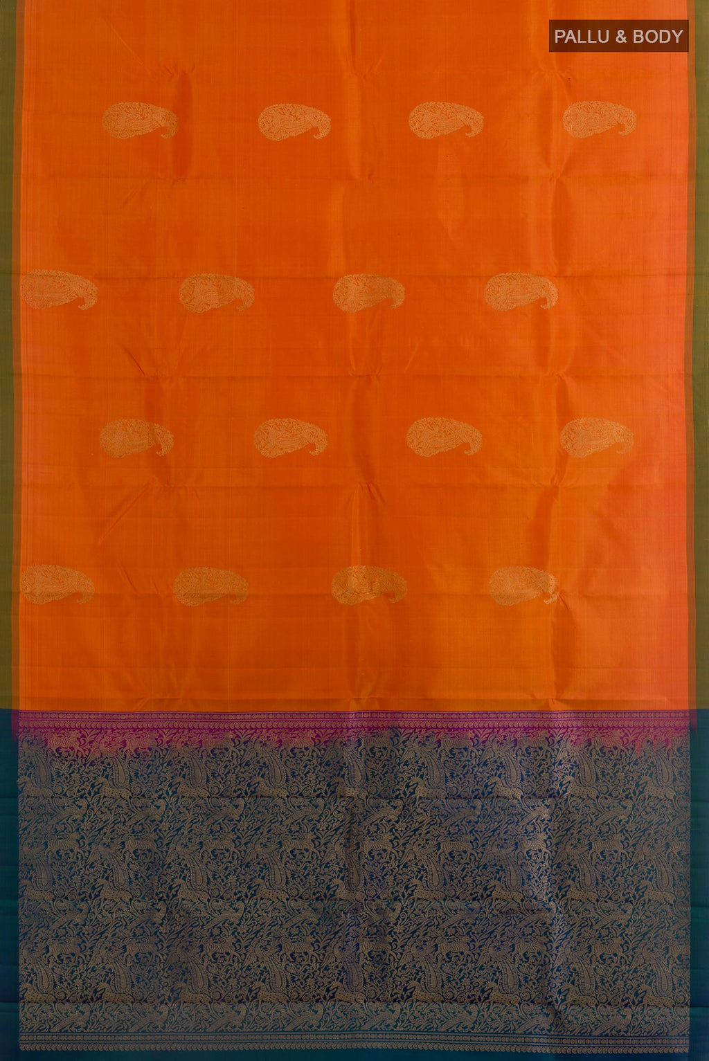 Flat view of Orange Kanchipuram Silk Saree with Zari Butta on the body and Plain Border. 