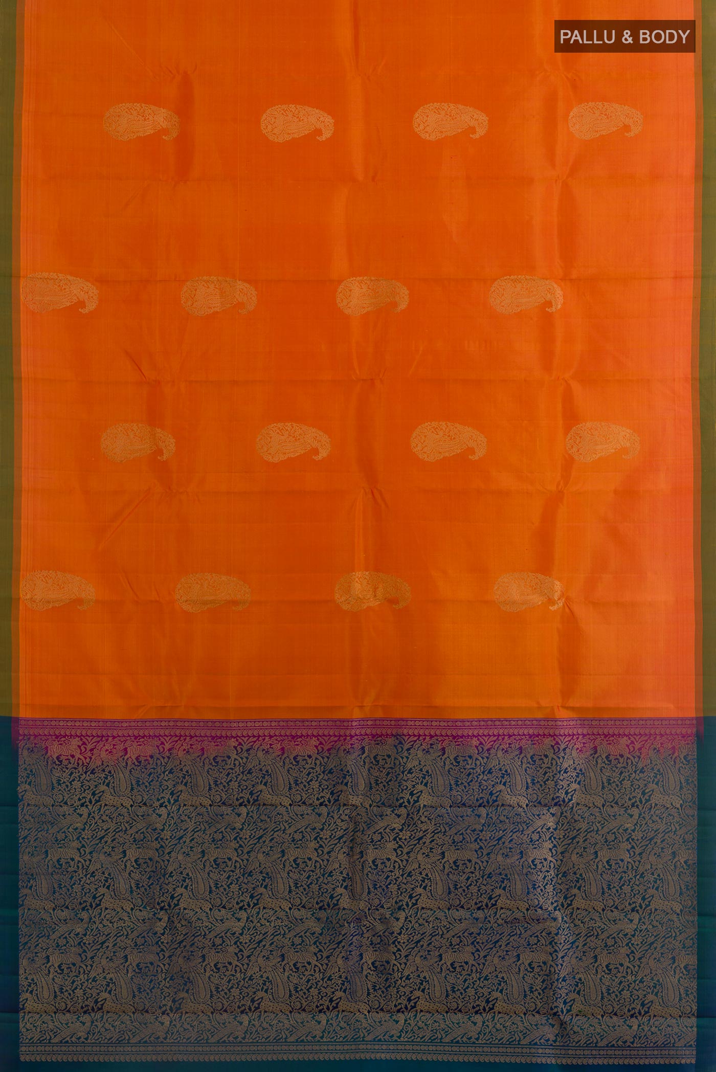 Flat view of Orange Kanchipuram Silk Saree with Zari Butta on the body and Plain Border. 