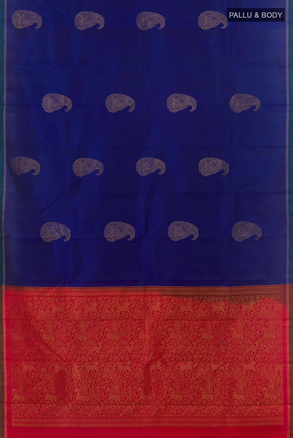 Flat view of Blue Kanchipuram Silk Saree with Zari Butta on the body and Zari Border. 