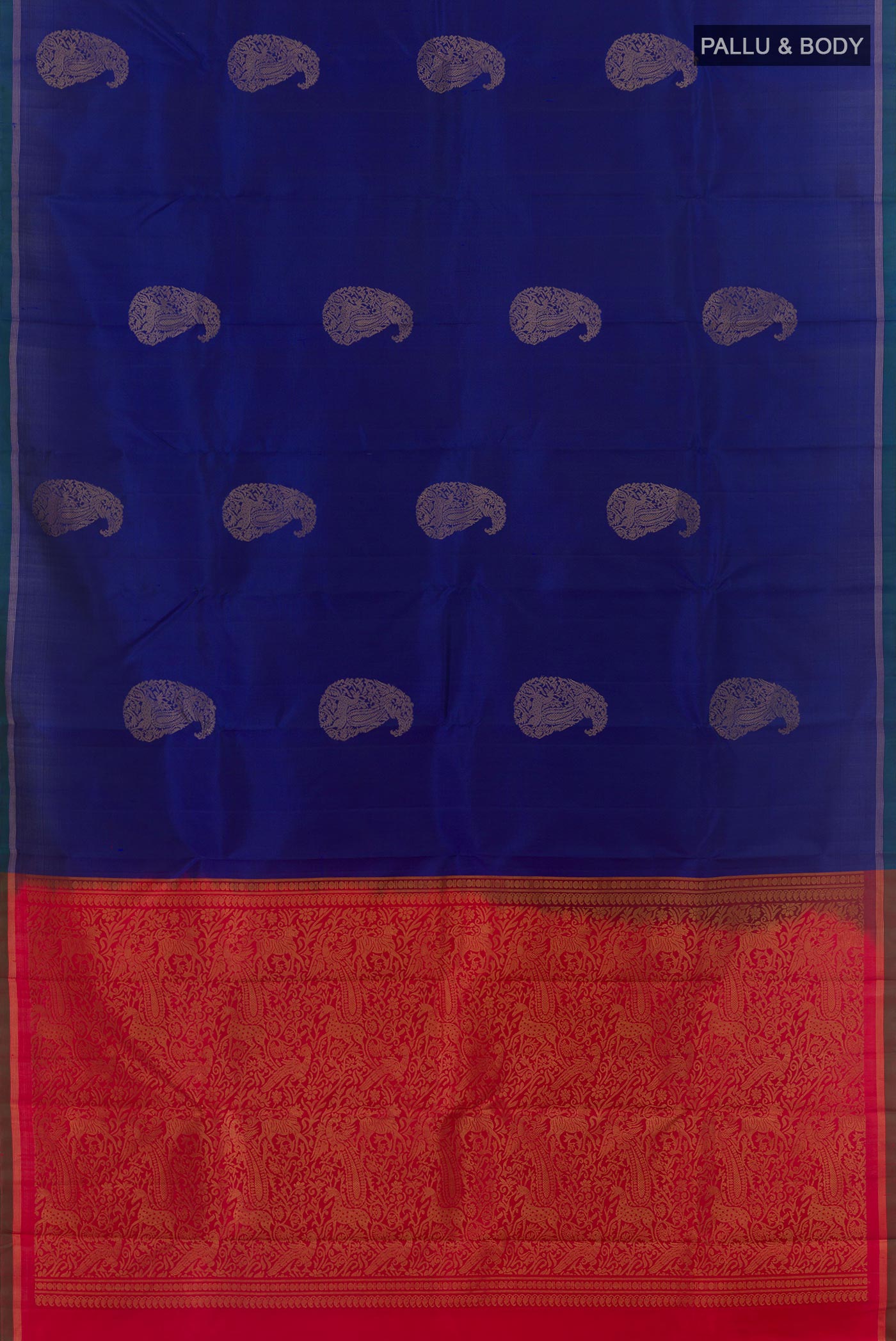 Flat view of Blue Kanchipuram Silk Saree with Zari Butta on the body and Zari Border. 