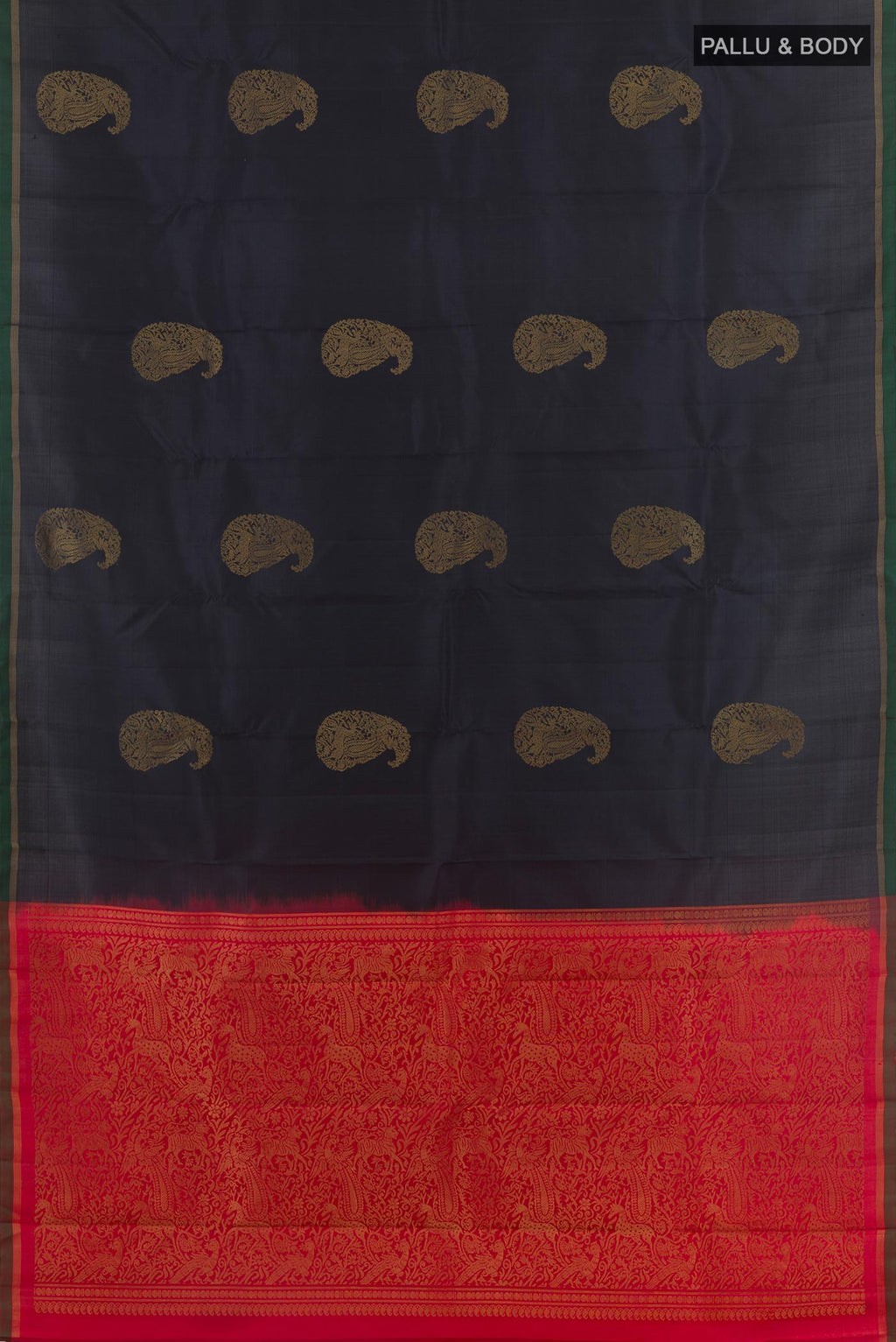 Flat view of Black Kanchipuram Silk Saree with Zari Butta on the body and Zari Border. 
