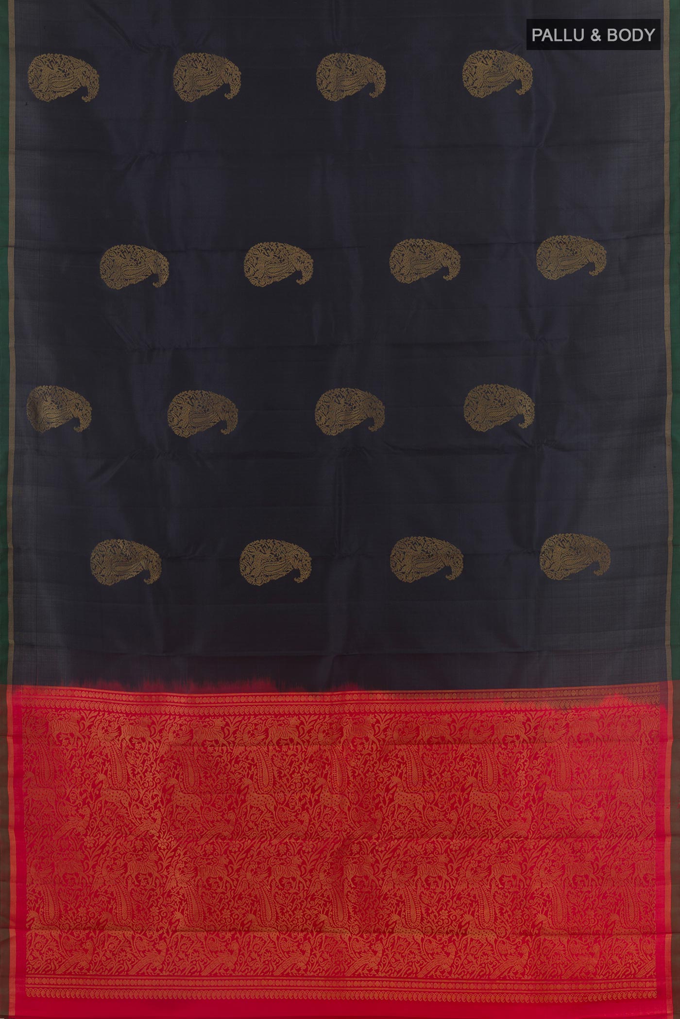 Flat view of Black Kanchipuram Silk Saree with Zari Butta on the body and Zari Border. 