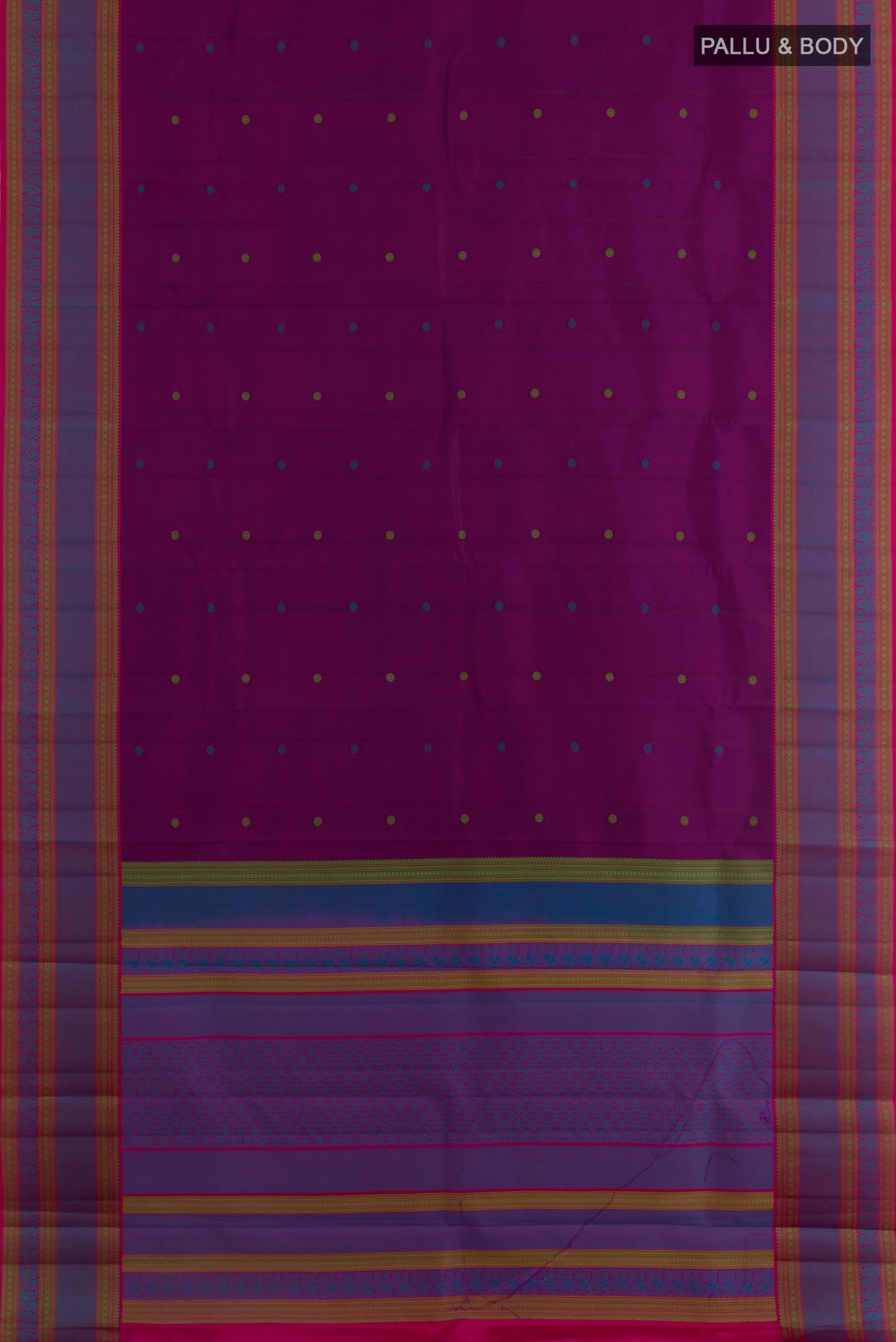 Flat view of Purple Kanchipuram Silk Saree with Thread Butta on the body and Thread Border. 