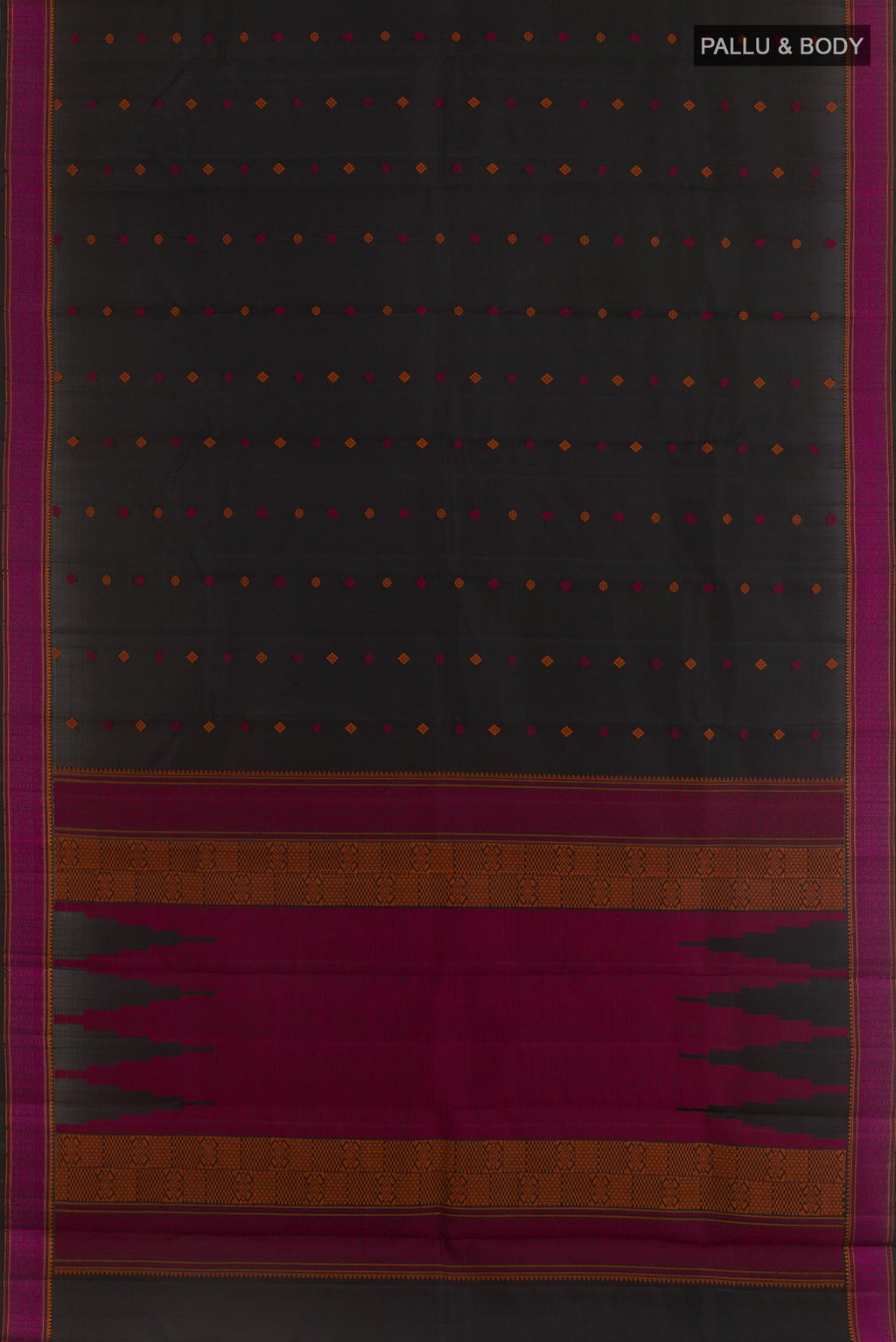 Flat view of Black Kanchipuram Silk Saree with Thread Butta on the body and Thread Border. 