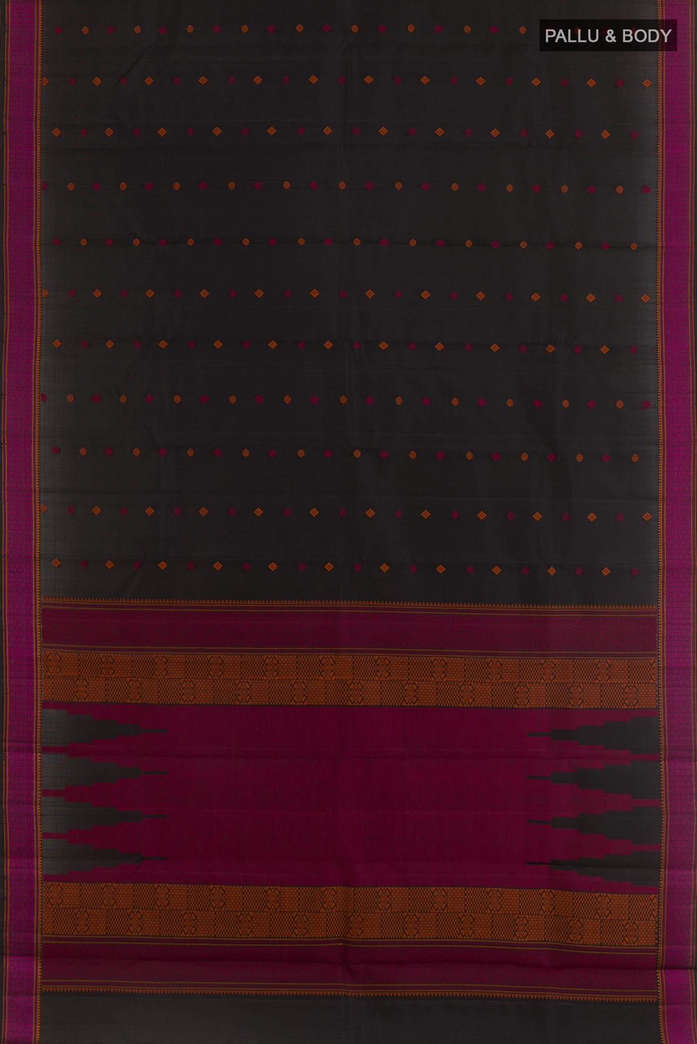Flat view of Black Kanchipuram Silk Saree with Thread Butta on the body and Thread Border. 