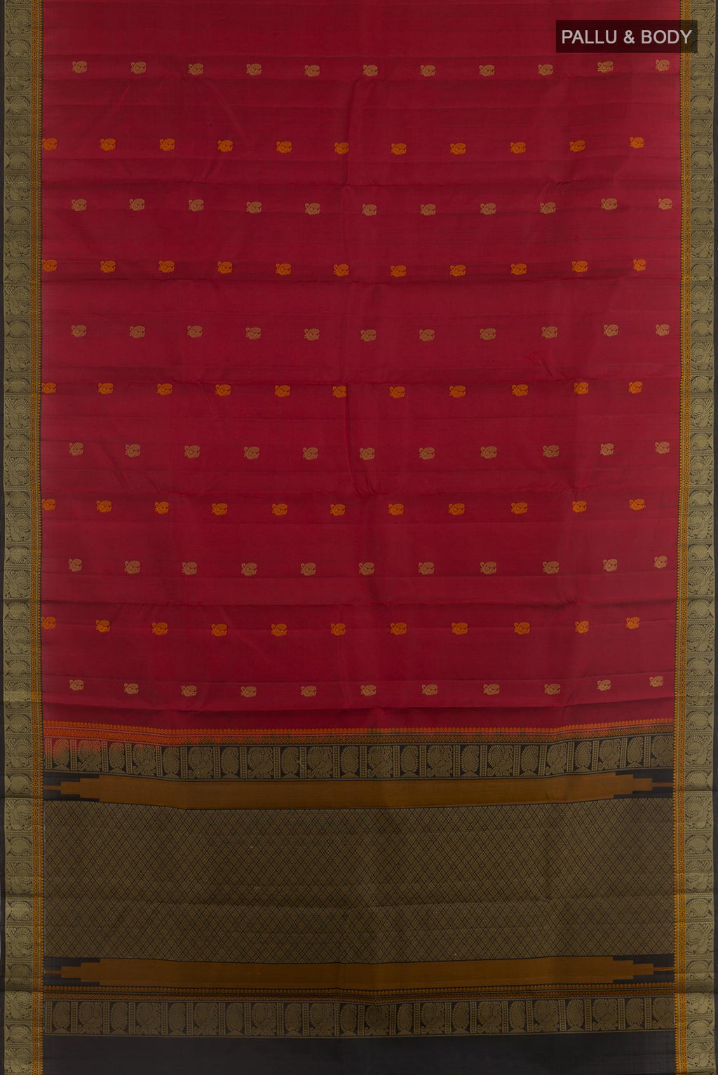 Flat view of Maroon Kanchipuram Silk Saree with Thread Butta on the body and Thread Border. 
