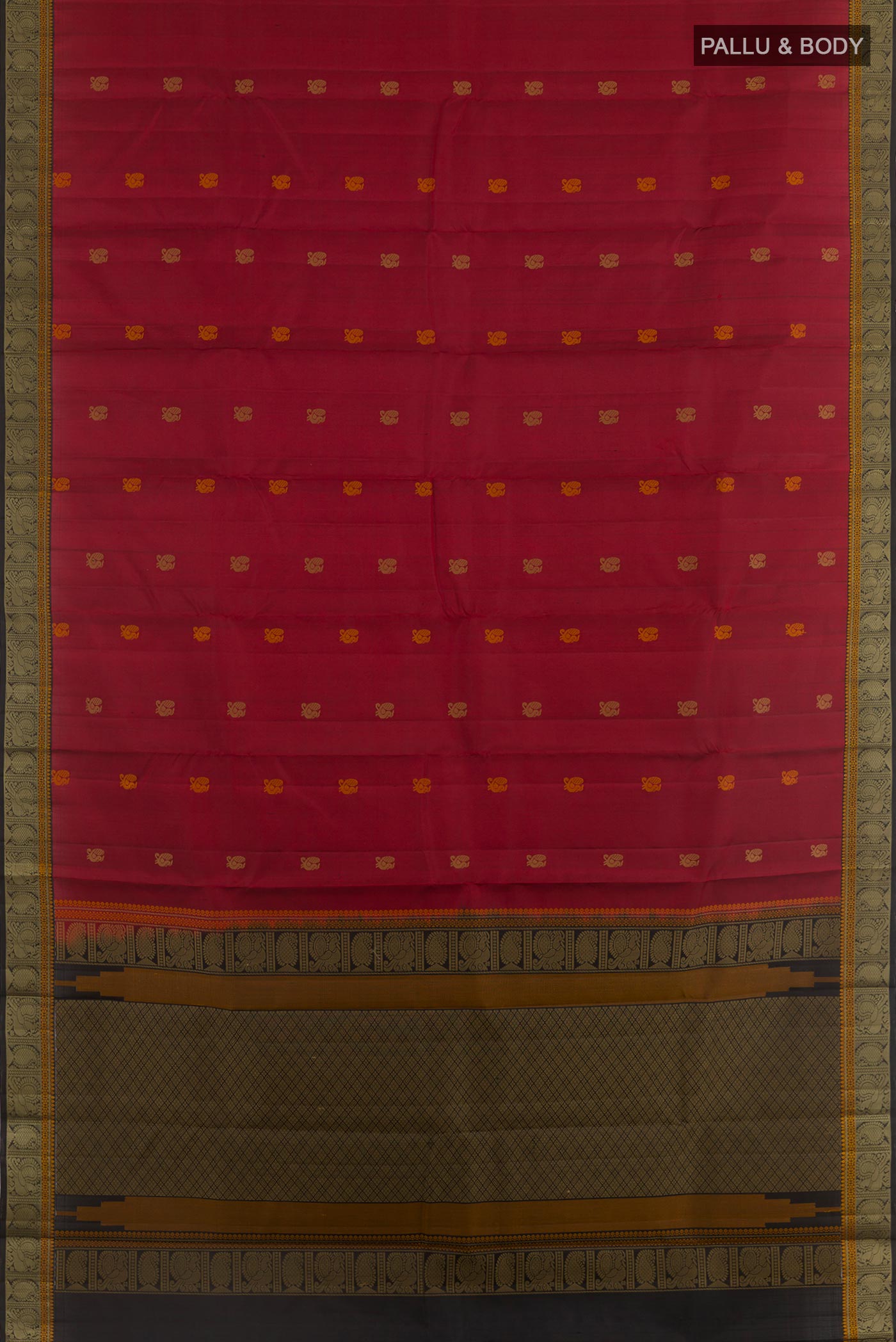 Flat view of Maroon Kanchipuram Silk Saree with Thread Butta on the body and Thread Border. 