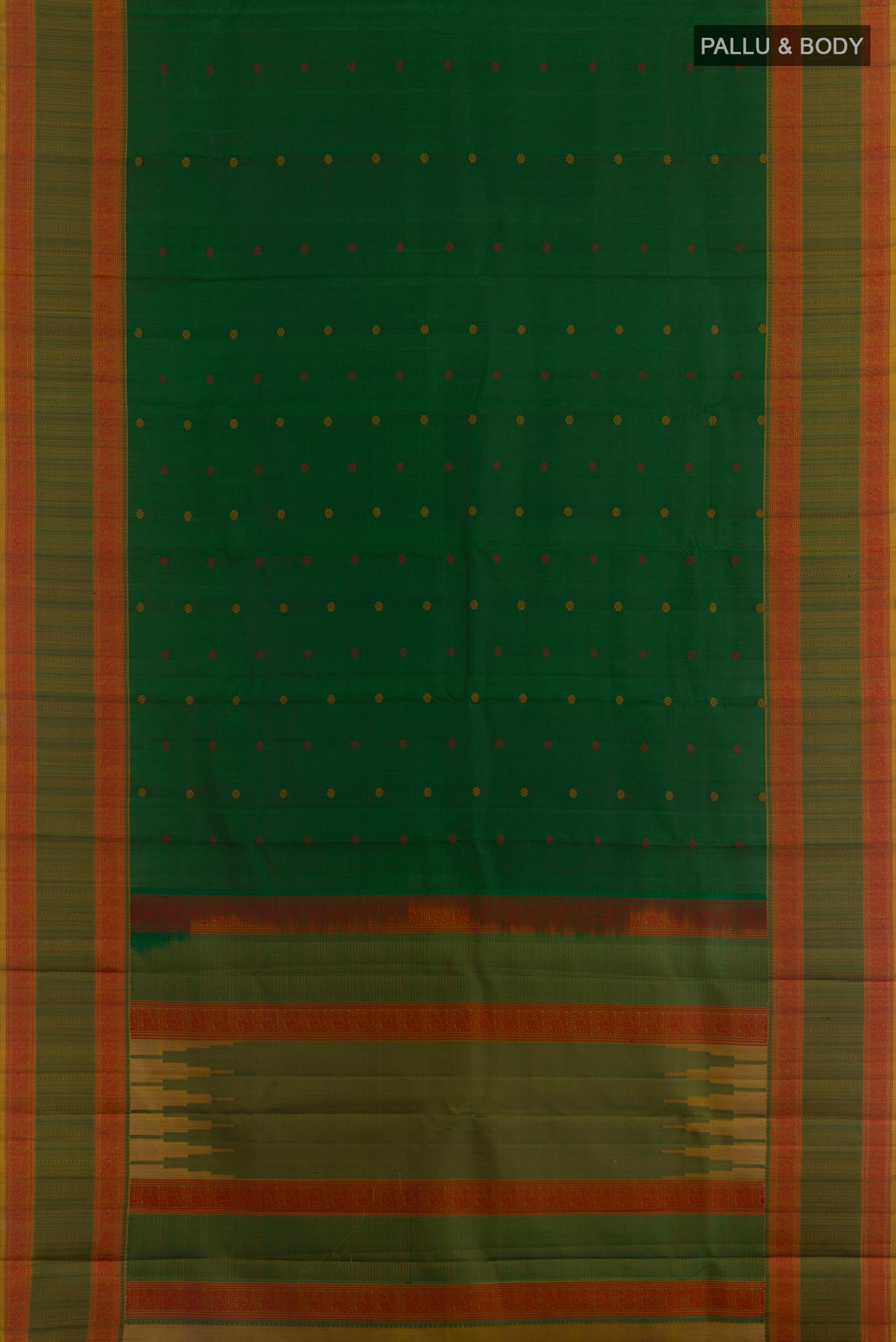 Flat view of Green Kanchipuram Silk Saree with Thread Butta on the body and Thread Border. 