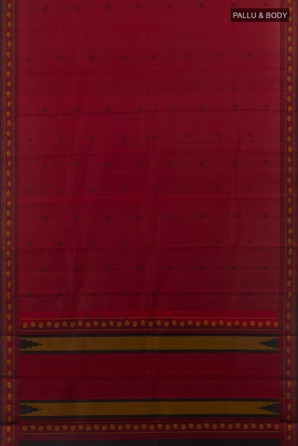 Flat view of Red Kanchipuram Silk Saree with Thread Butta on the body and Zari Border. 