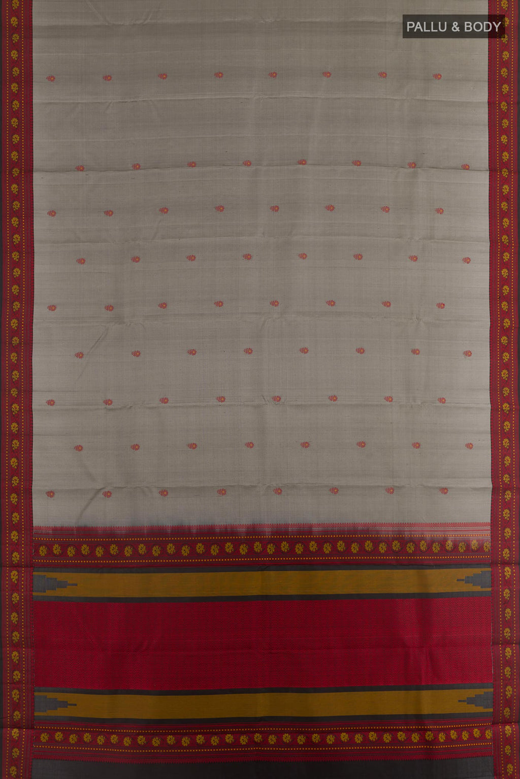 Flat view of Grey Kanchipuram Silk Saree with Thread Butta on the body and Thread Border. 
