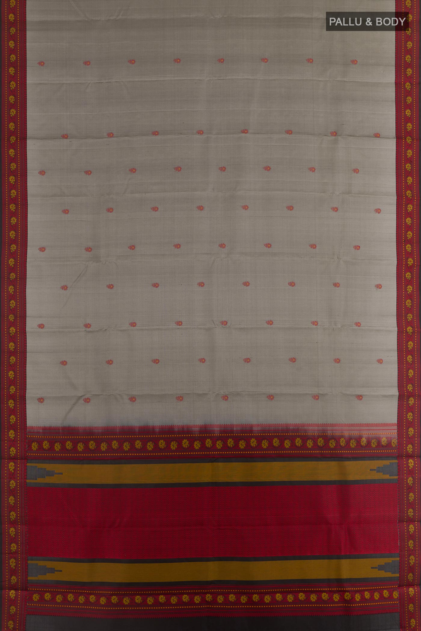 Flat view of Grey Kanchipuram Silk Saree with Thread Butta on the body and Thread Border. 