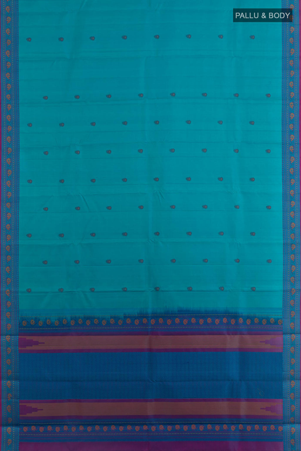 Flat view of Blue Kanchipuram Silk Saree with Thread Butta on the body and Thread Border. 
