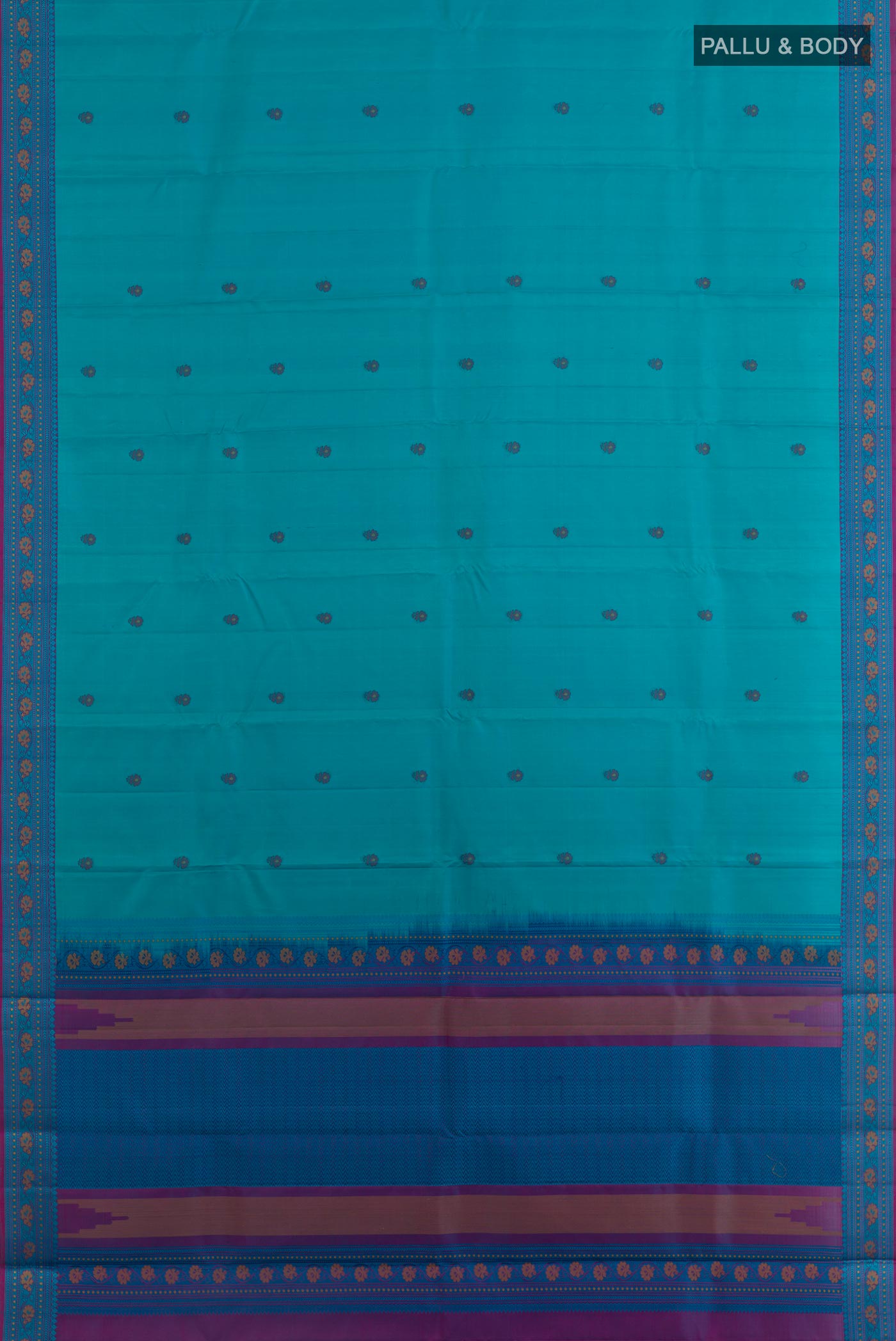 Flat view of Blue Kanchipuram Silk Saree with Thread Butta on the body and Thread Border. 
