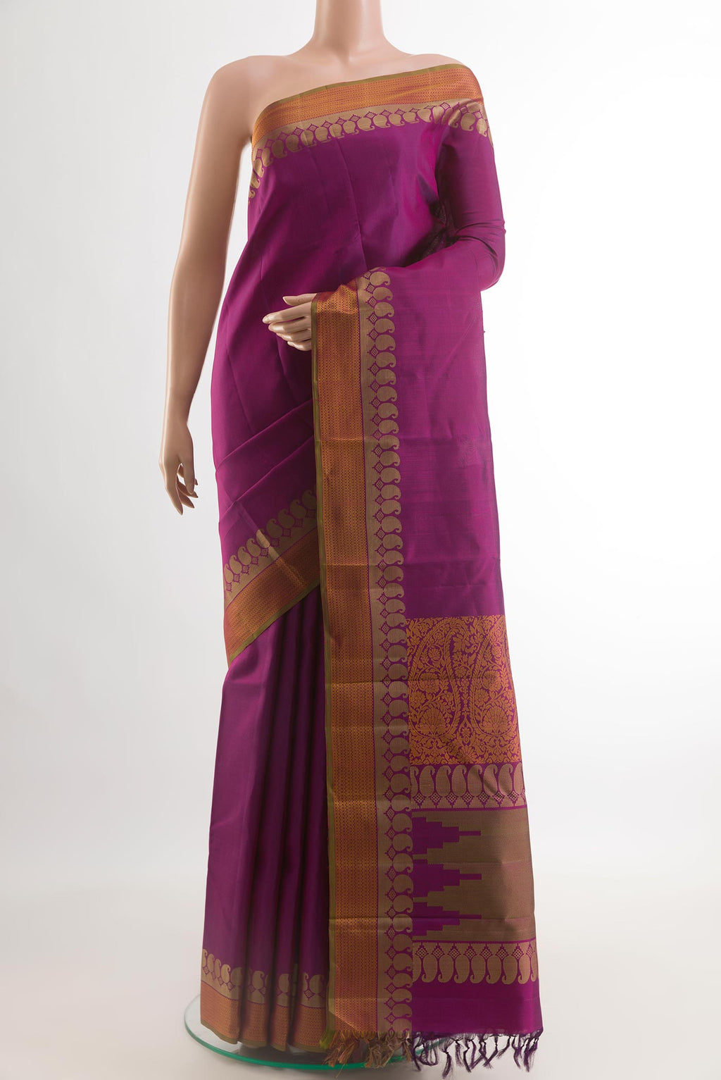 Purple Kanchipuram Silk Saree with Plain Body and Thread Border.  displayed on a mannequin