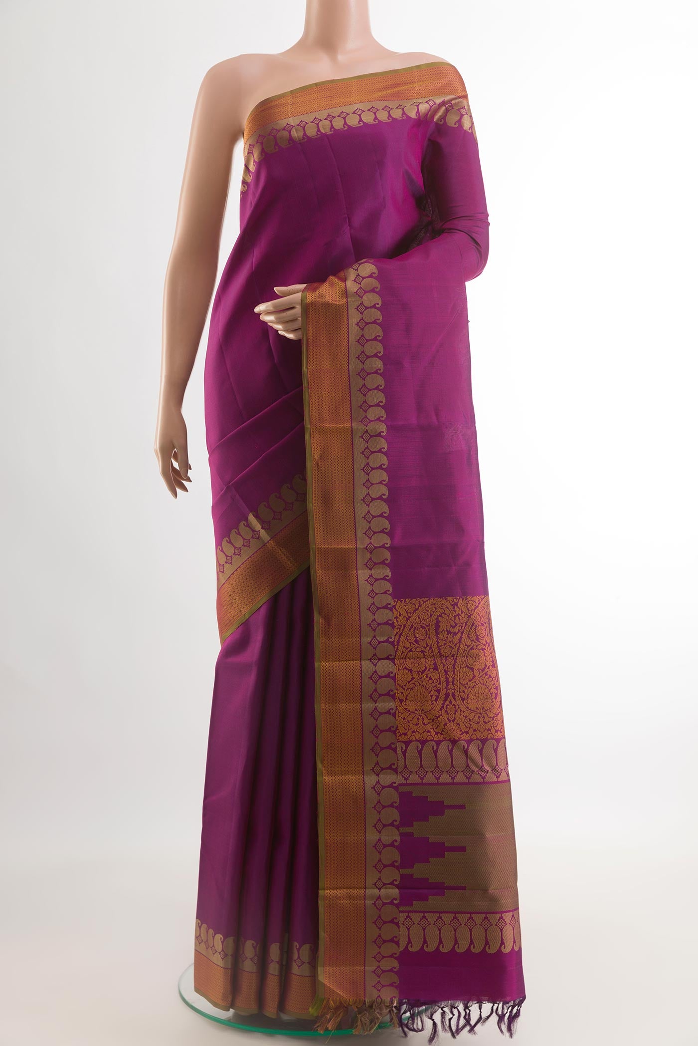 Purple Kanchipuram Silk Saree with Plain Body and Thread Border.  displayed on a mannequin