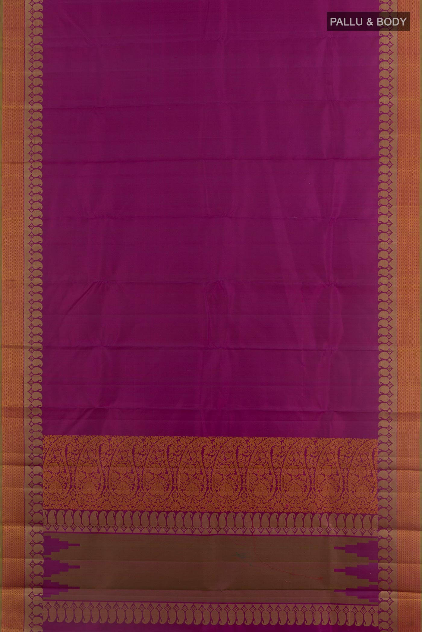 Flat view of Purple Kanchipuram Silk Saree with Plain Body and Thread Border. 