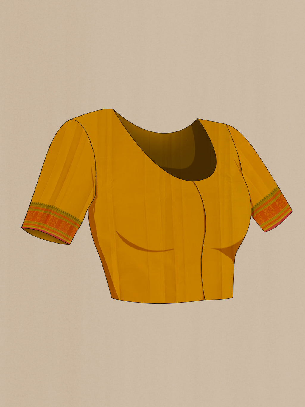 Close up image of the blouse of Orange Kanchipuram Silk Saree with Thread Butta on the body and Thread Border. 