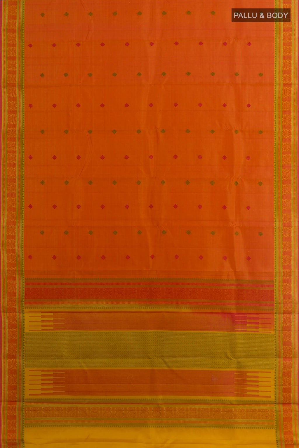 Flat view of Orange Kanchipuram Silk Saree with Thread Butta on the body and Thread Border. 