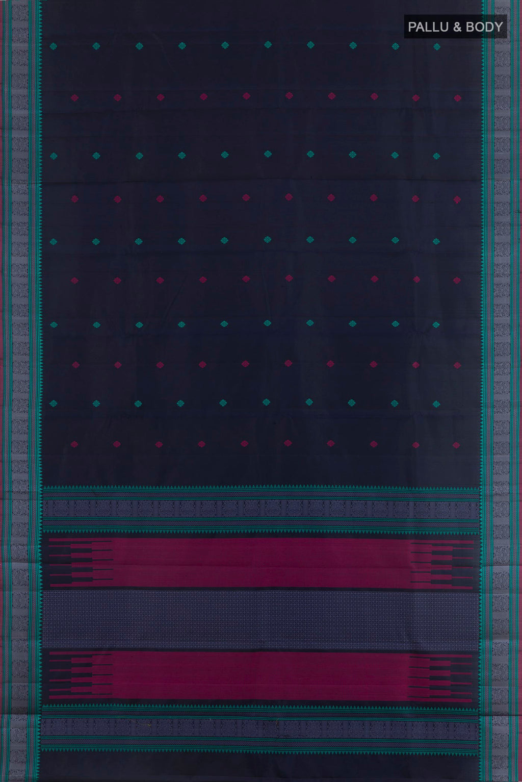 Flat view of Navy Blue Kanchipuram Silk Saree with Thread Butta on the body and Thread Border. 