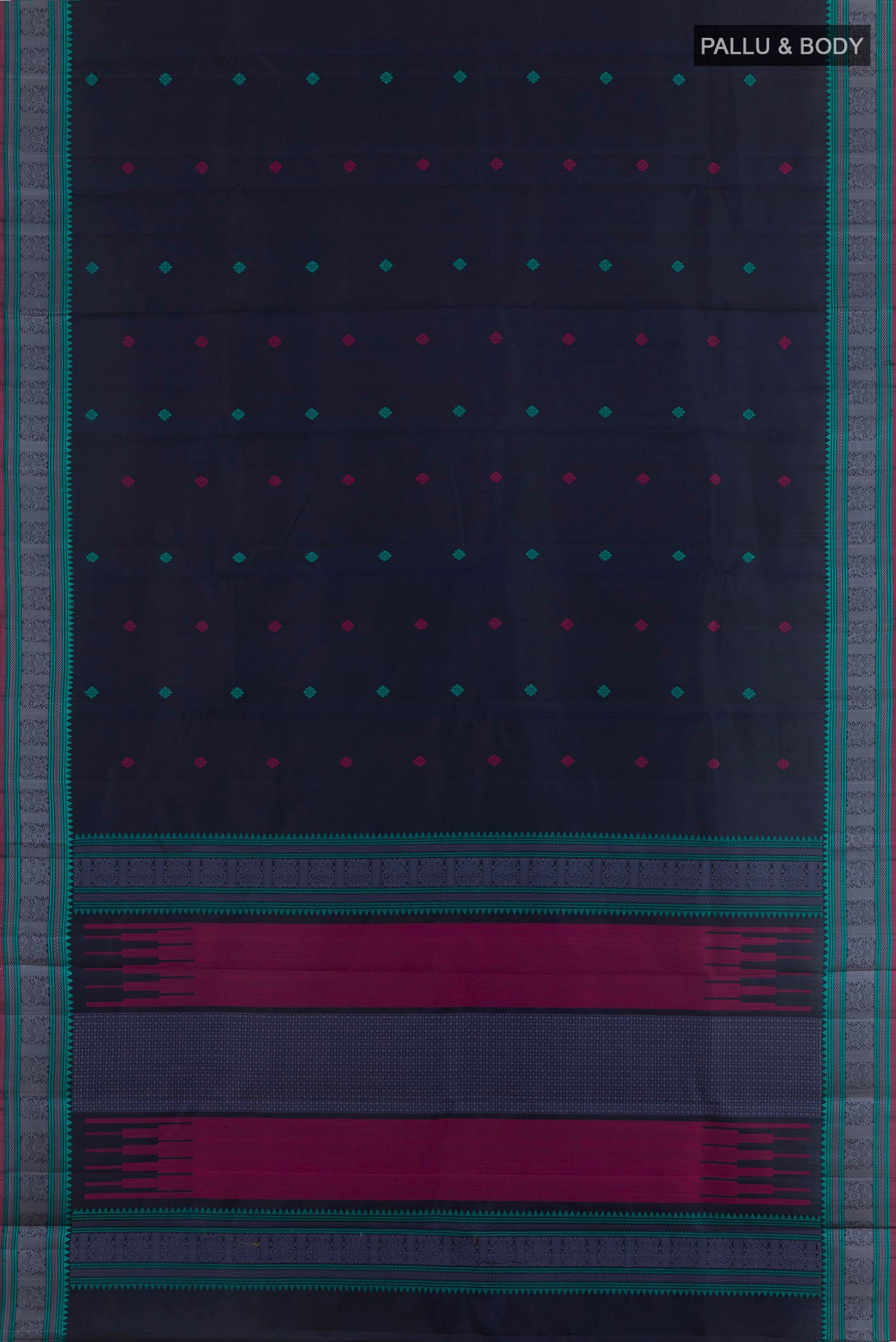 Flat view of Navy Blue Kanchipuram Silk Saree with Thread Butta on the body and Thread Border. 