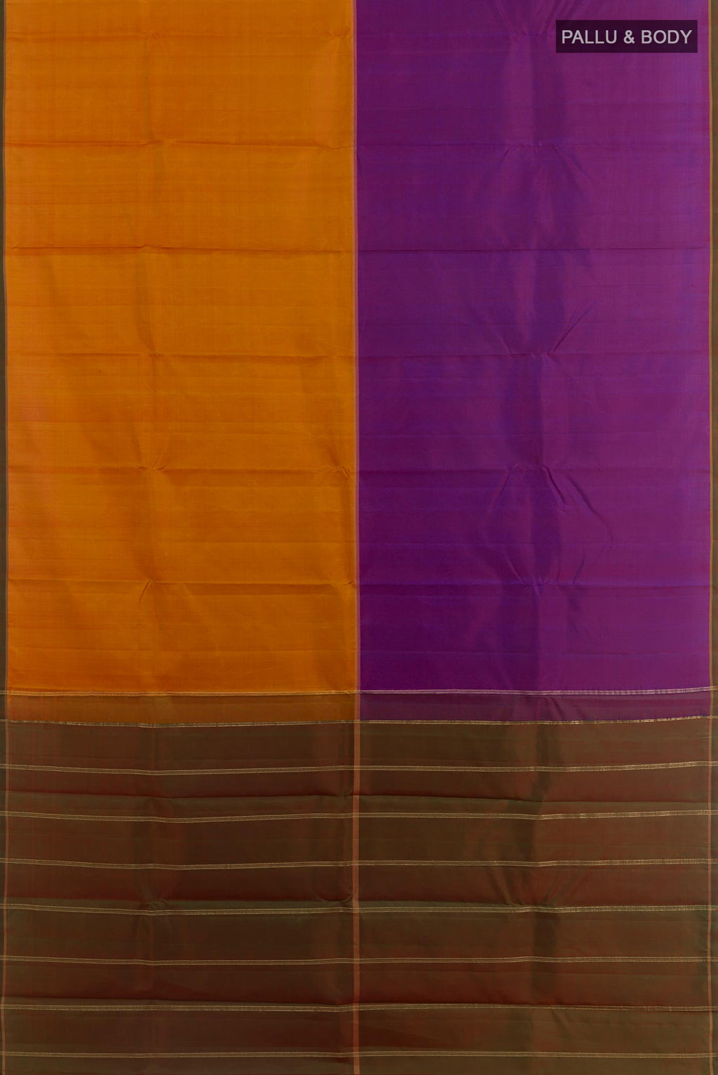 Flat view of Multi Color Kanchipuram Silk Saree with Half And Half on the body and Without Border. 