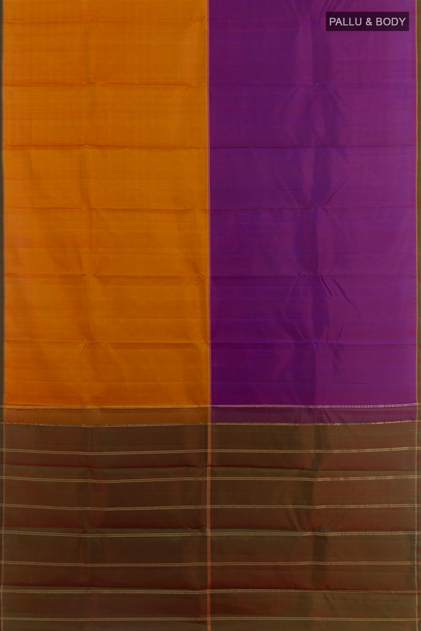 Flat view of Multi Color Kanchipuram Silk Saree with Half And Half on the body and Without Border. 