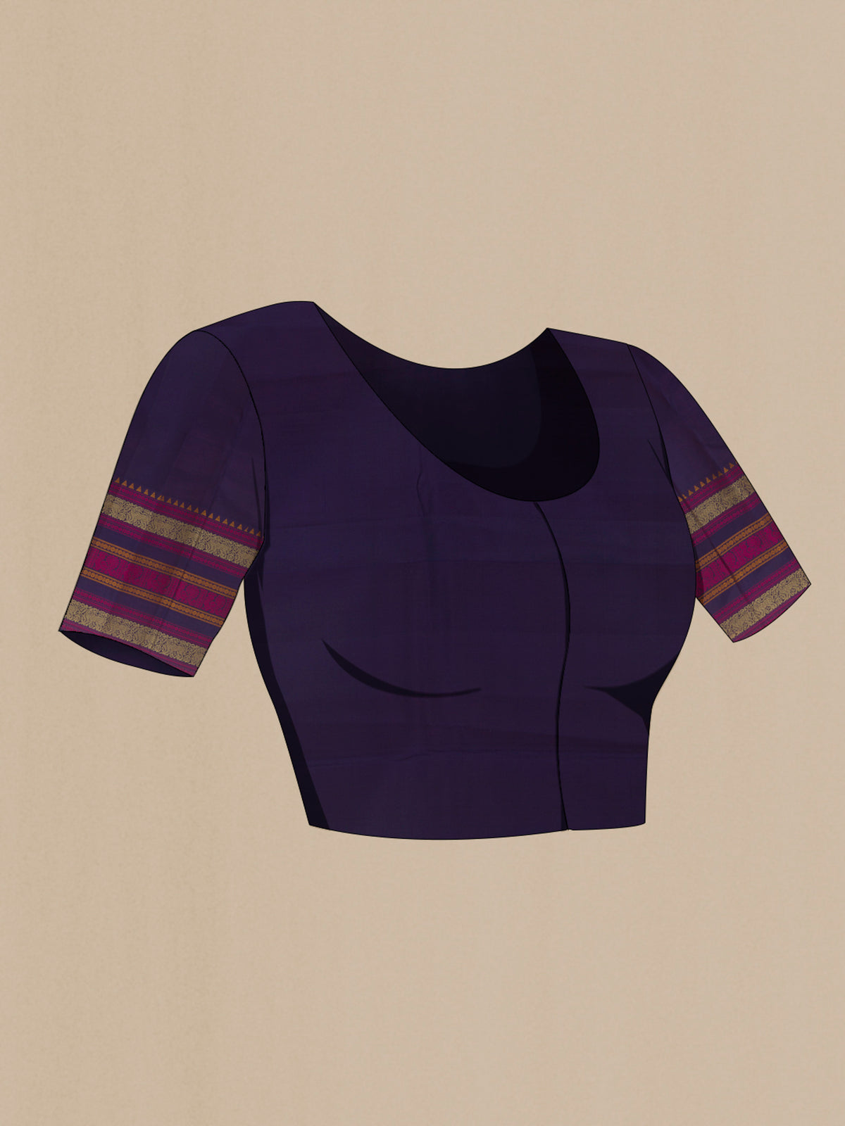Close up image of the blouse of Purple Kanchipuram Silk Saree with Thread Butta on the body and Thread Border. 