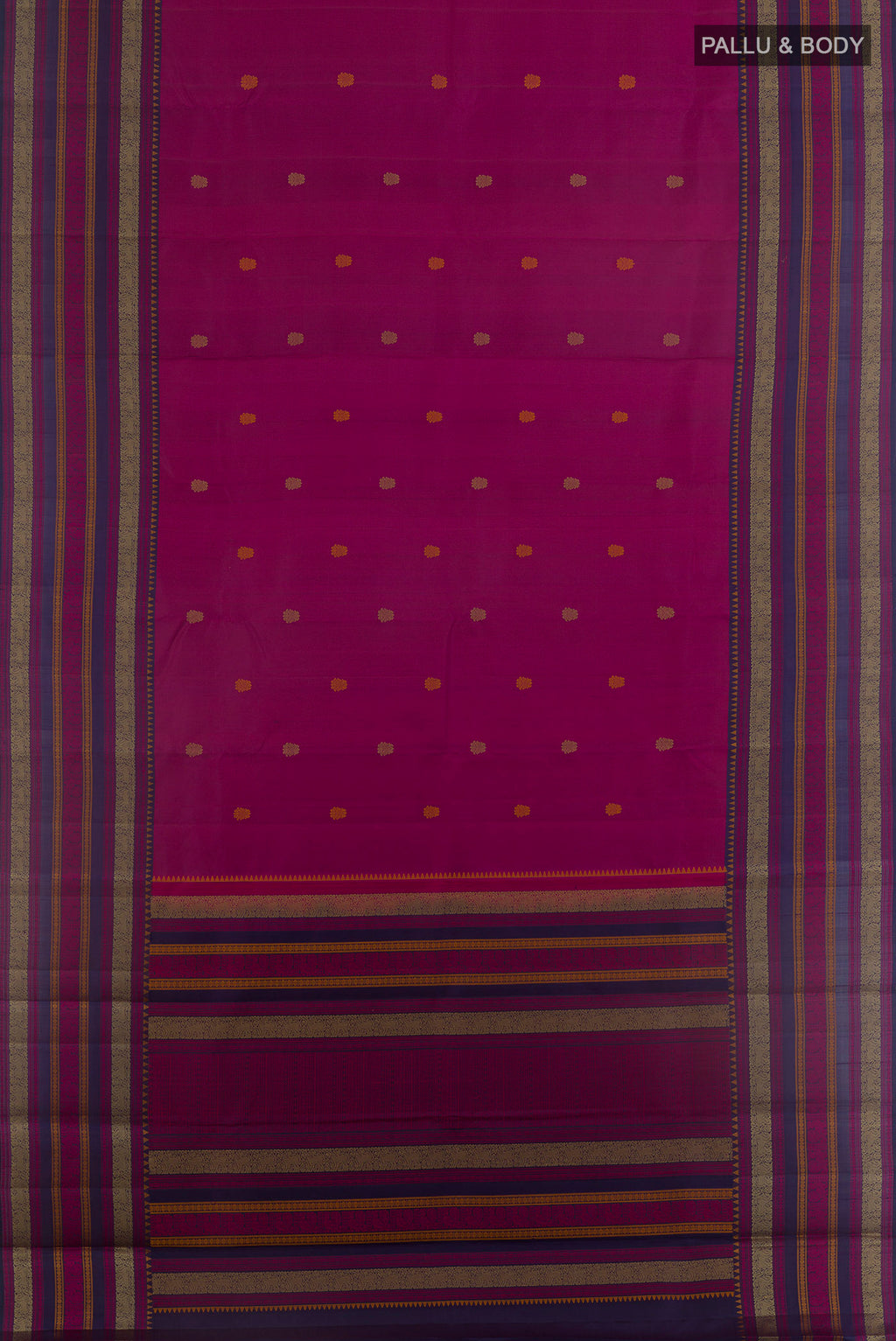 Flat view of Purple Kanchipuram Silk Saree with Thread Butta on the body and Thread Border. 