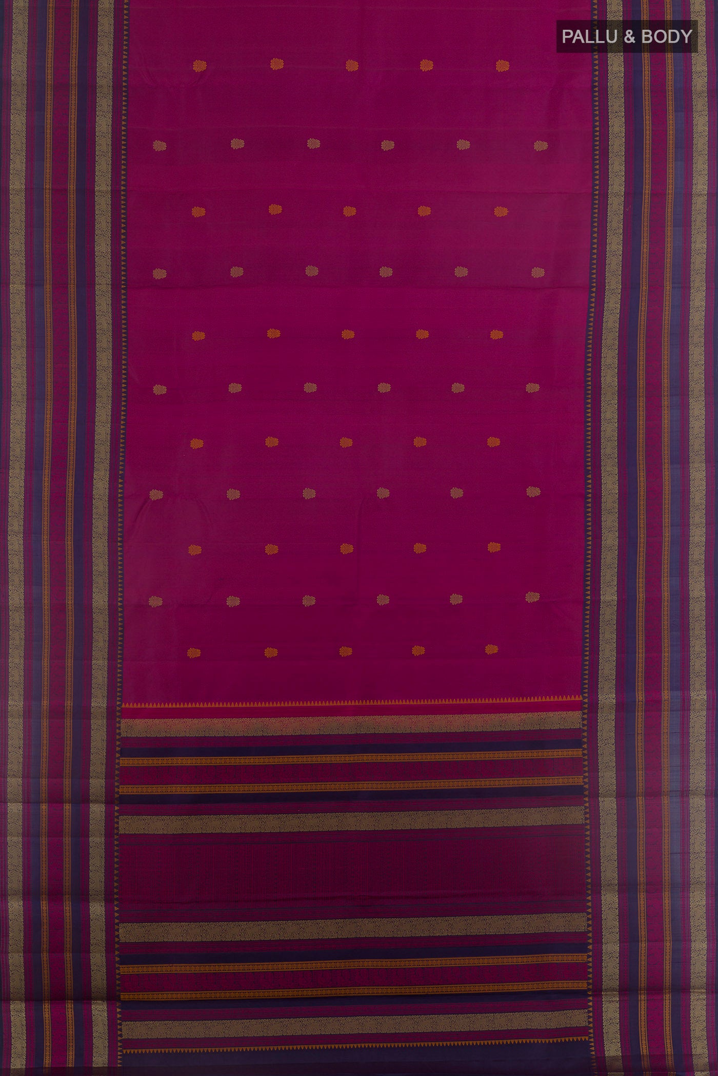 Flat view of Purple Kanchipuram Silk Saree with Thread Butta on the body and Thread Border. 