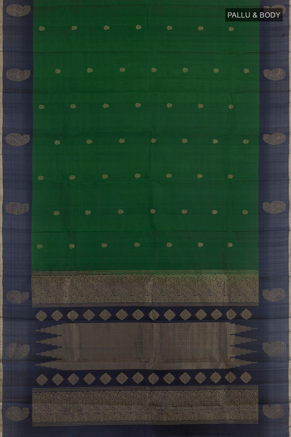Flat view of Green Kanjivaram Silk Saree with Zari Butta on the body and Zari Border. 