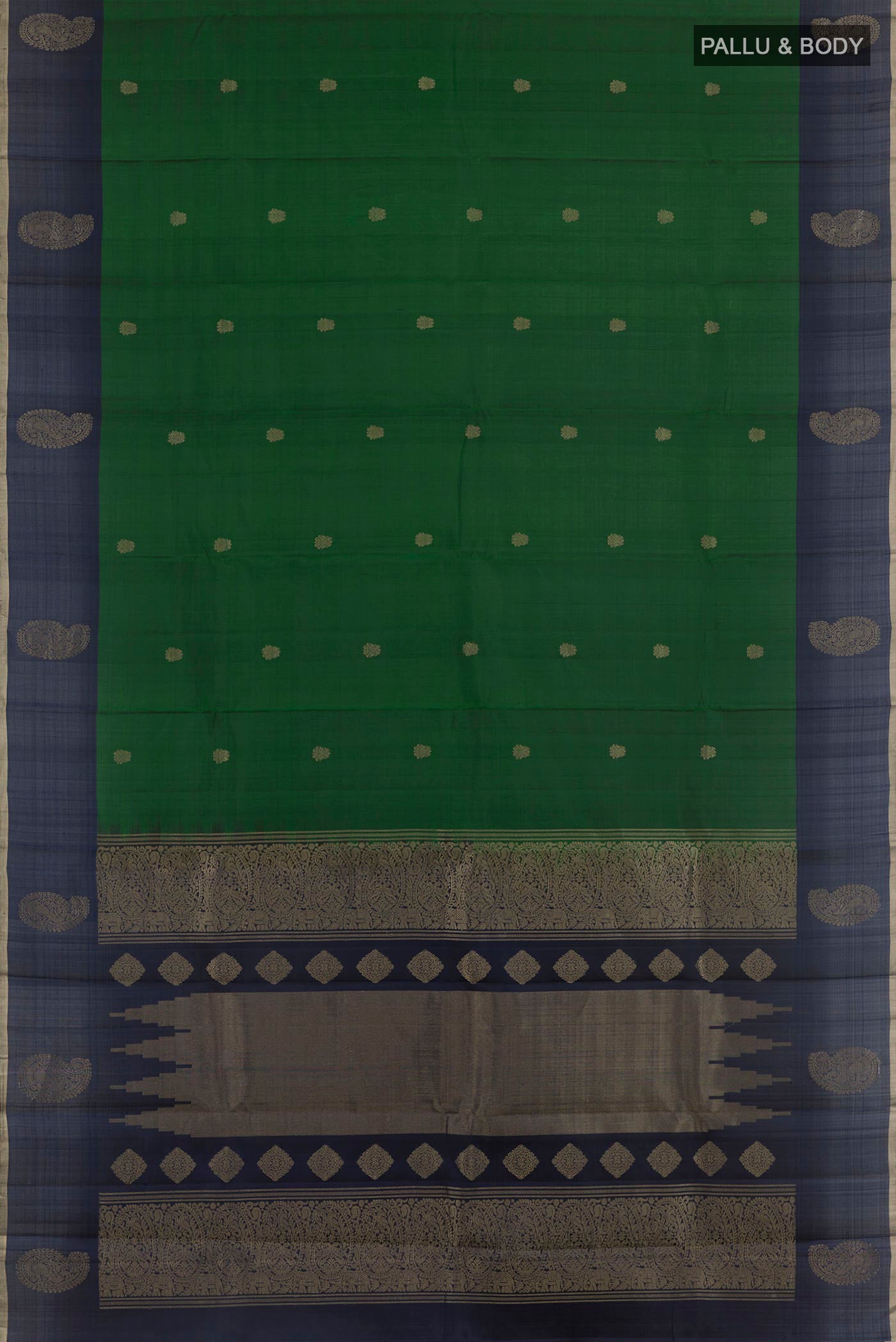 Flat view of Green Kanjivaram Silk Saree with Zari Butta on the body and Zari Border. 