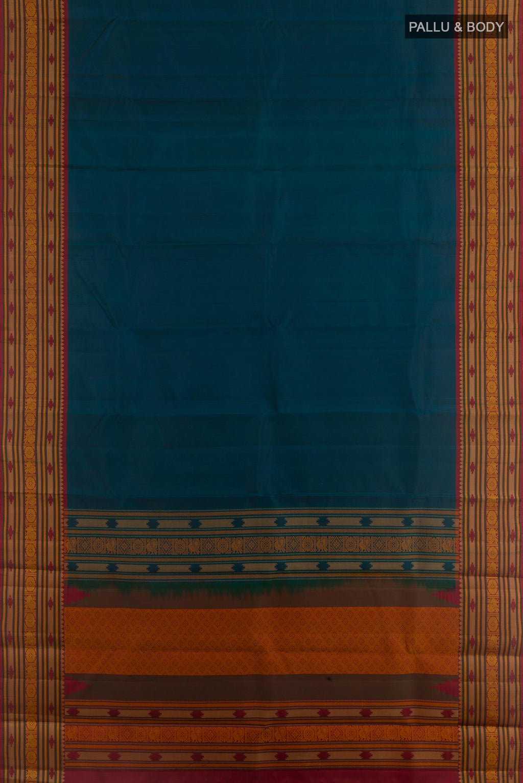 Flat view of Blue Kanchipuram Silk Saree with Plain Body and Thread Border. 