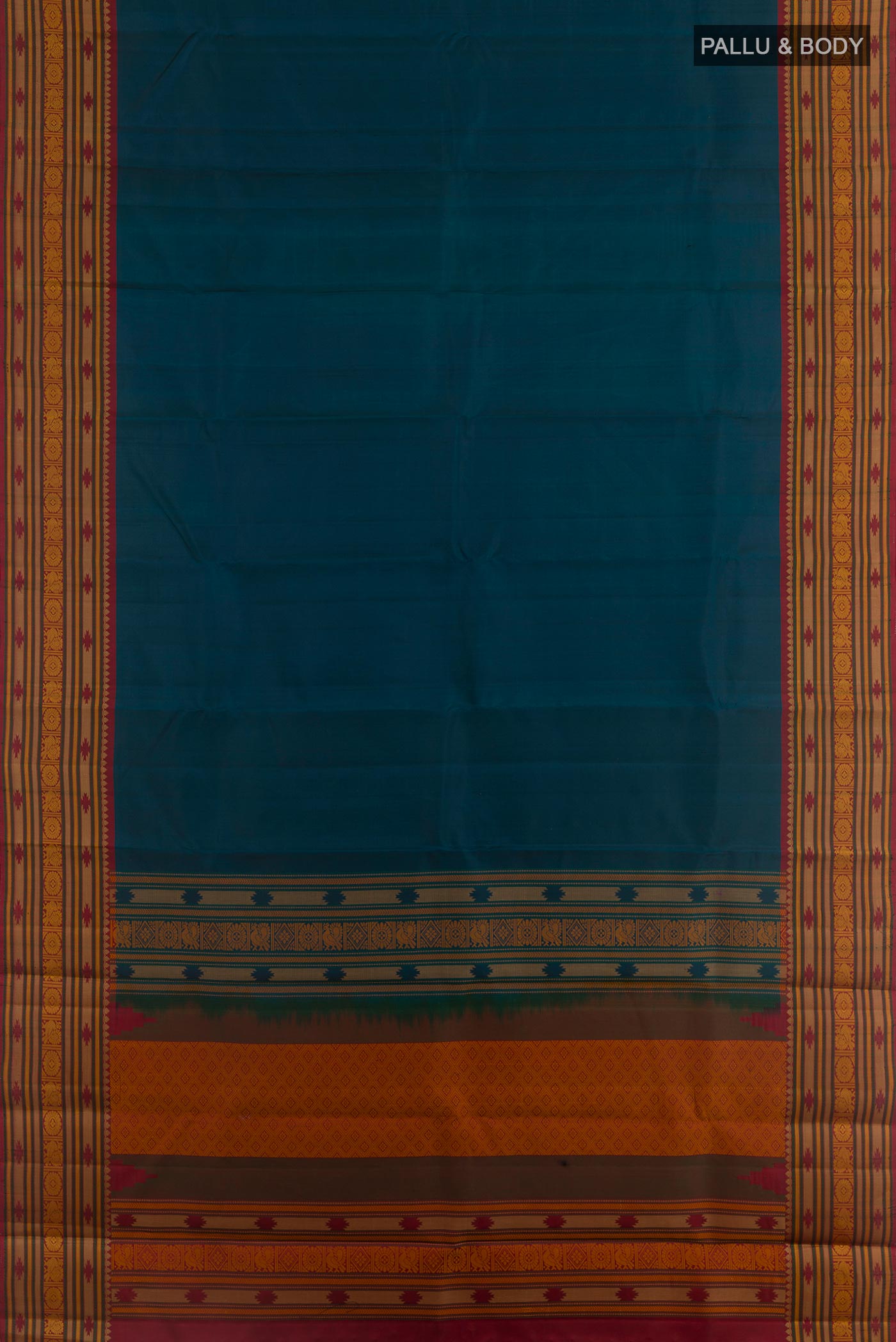 Flat view of Blue Kanchipuram Silk Saree with Plain Body and Thread Border. 