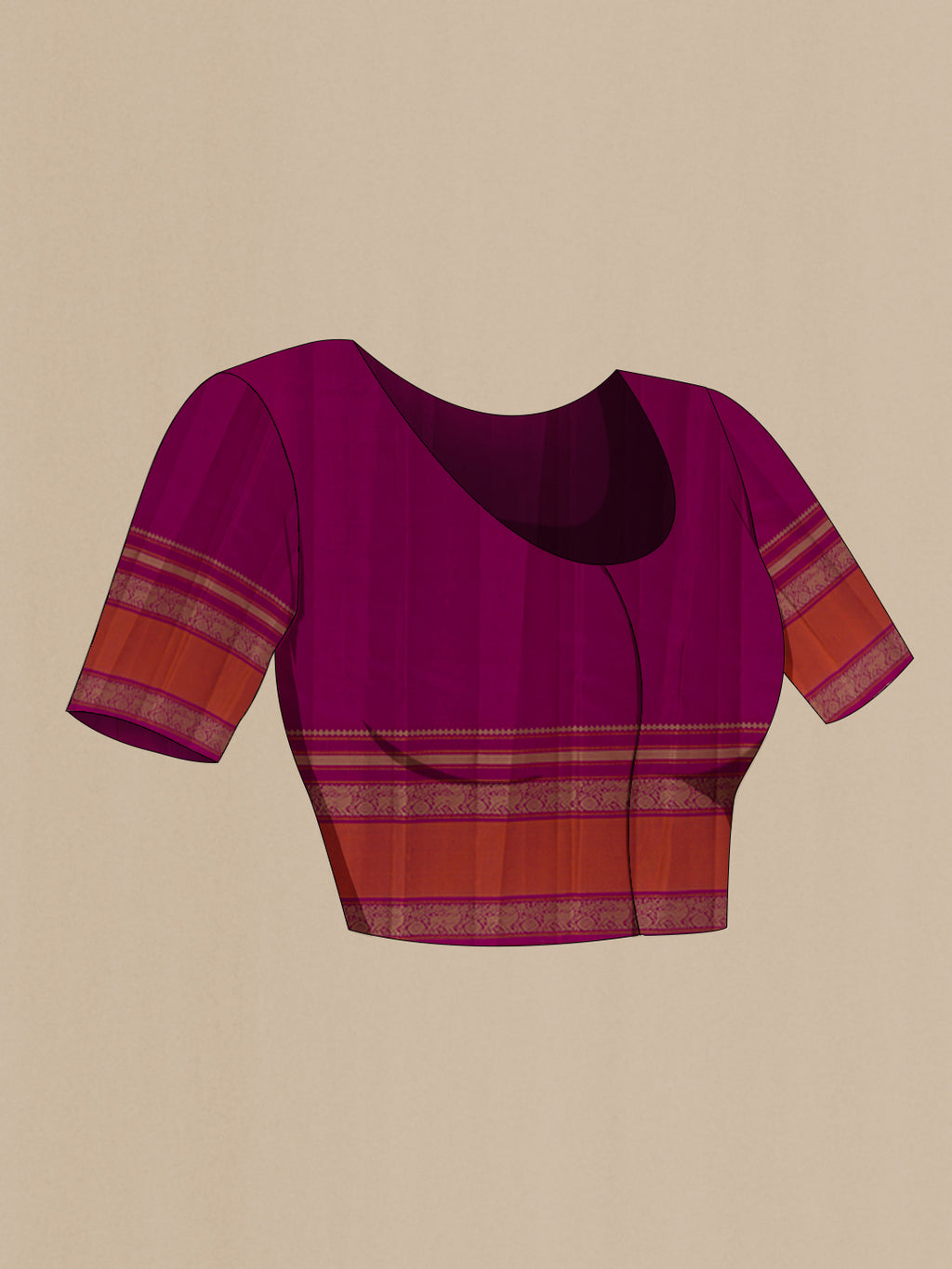 Close up image of the blouse of Purple Kanchipuram Silk Saree with Thread Butta on the body and Thread Border. 