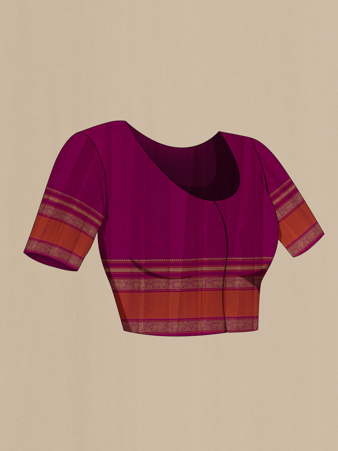 Close up image of the blouse of Purple Kanchipuram Silk Saree with Thread Butta on the body and Thread Border. 
