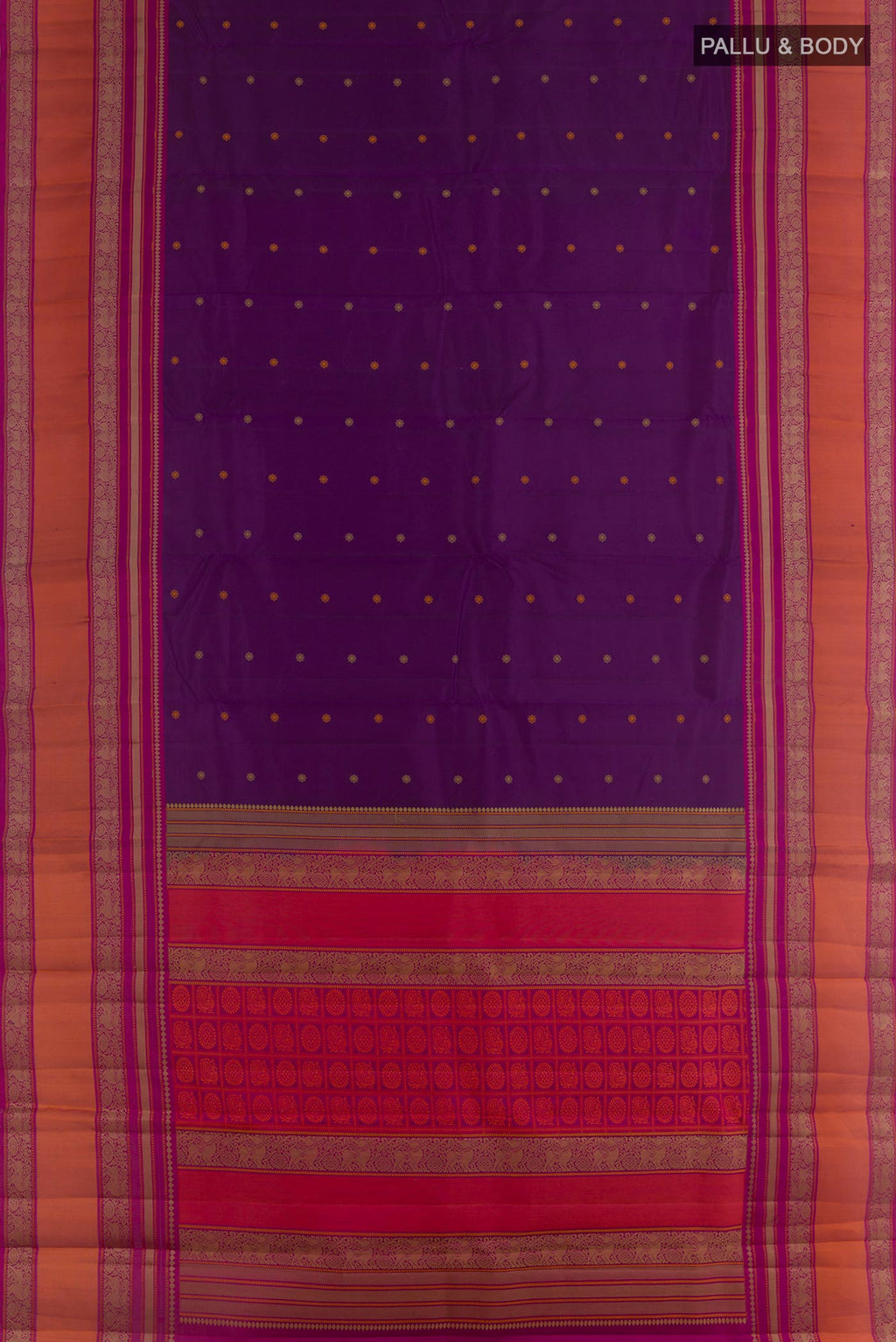 Flat view of Purple Kanchipuram Silk Saree with Thread Butta on the body and Thread Border. 