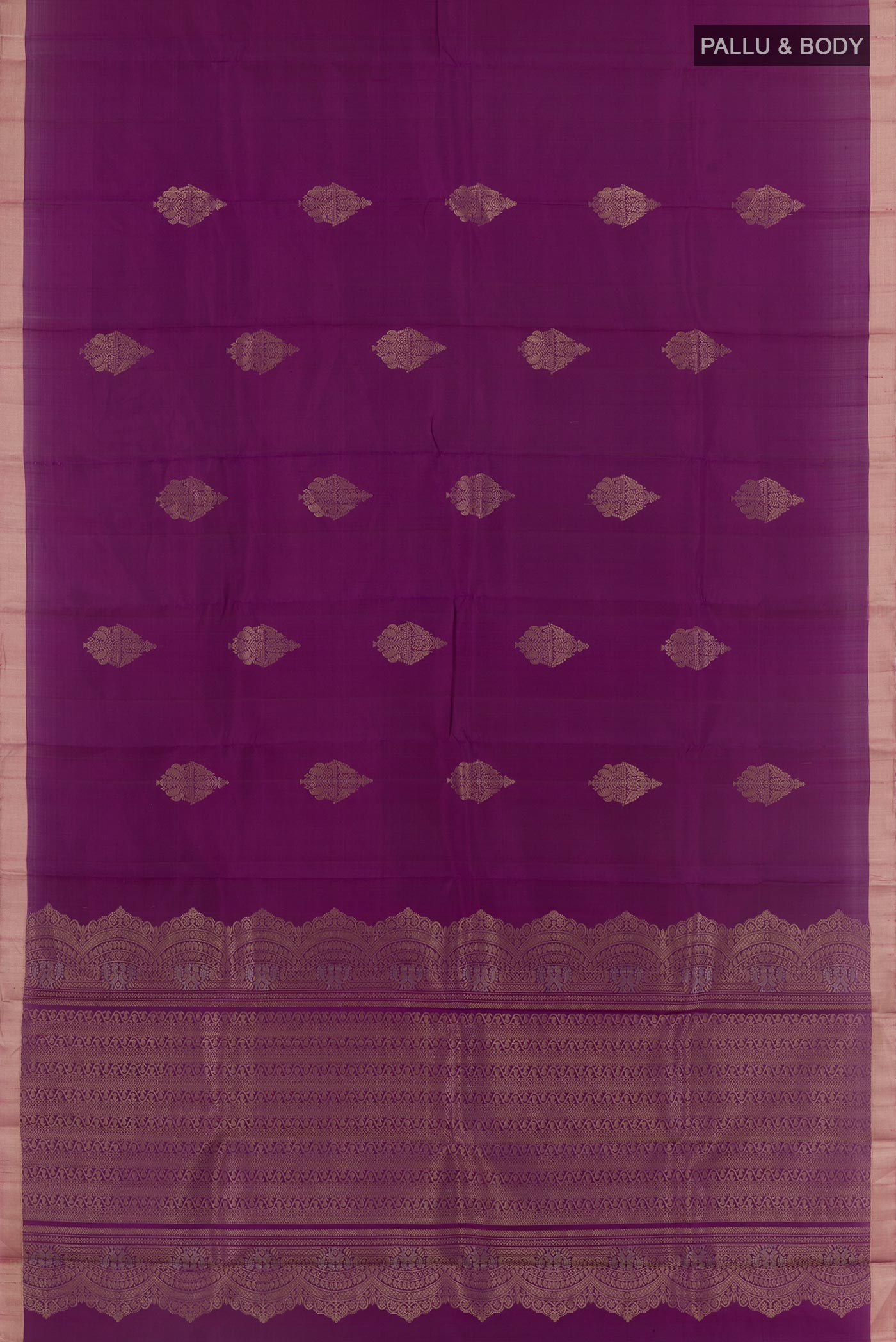Flat view of Purple Kanjivaram Silk Saree with Zari Butta on the body and Zari Border. 