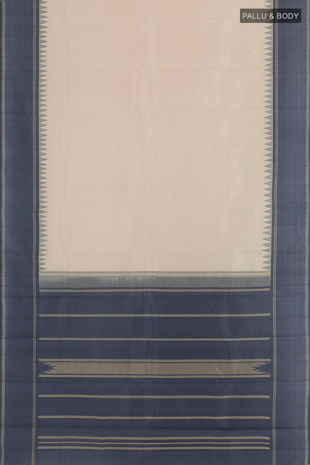Flat view of Off White Kanchipuram Silk Saree with Plain Body and Temple Thread Border. 