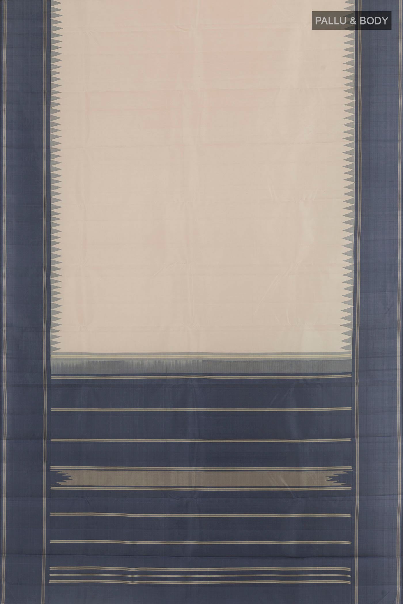 Flat view of Off White Kanchipuram Silk Saree with Plain Body and Temple Thread Border. 