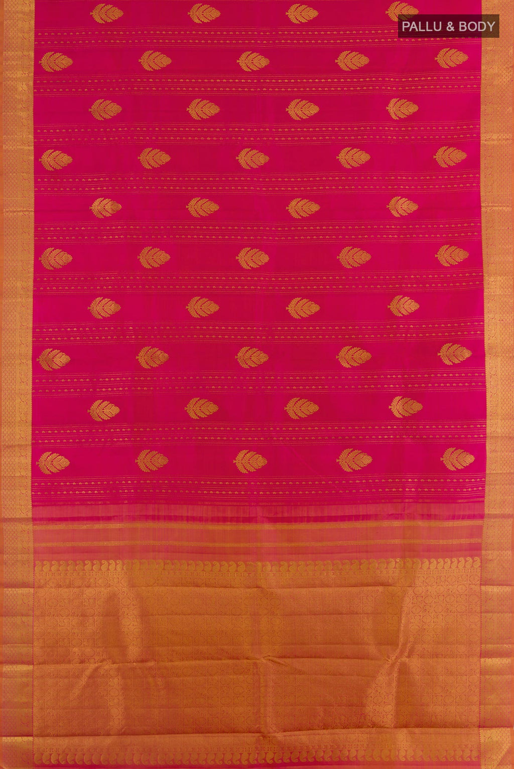 Flat view of Pink Kanjivaram Silk Saree with Zari Butta on the body and Zari Border. 