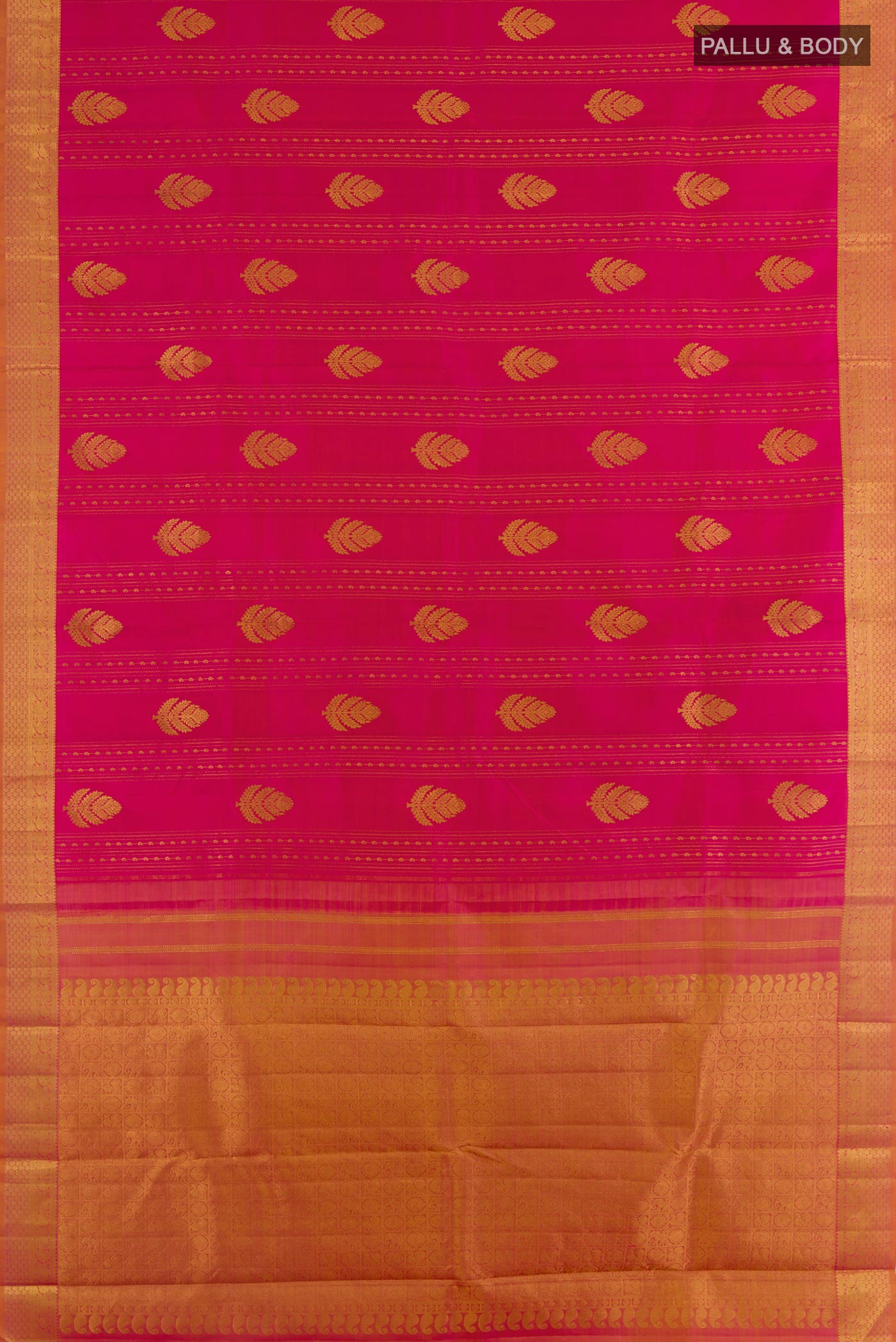 Flat view of Pink Kanjivaram Silk Saree with Zari Butta on the body and Zari Border. 