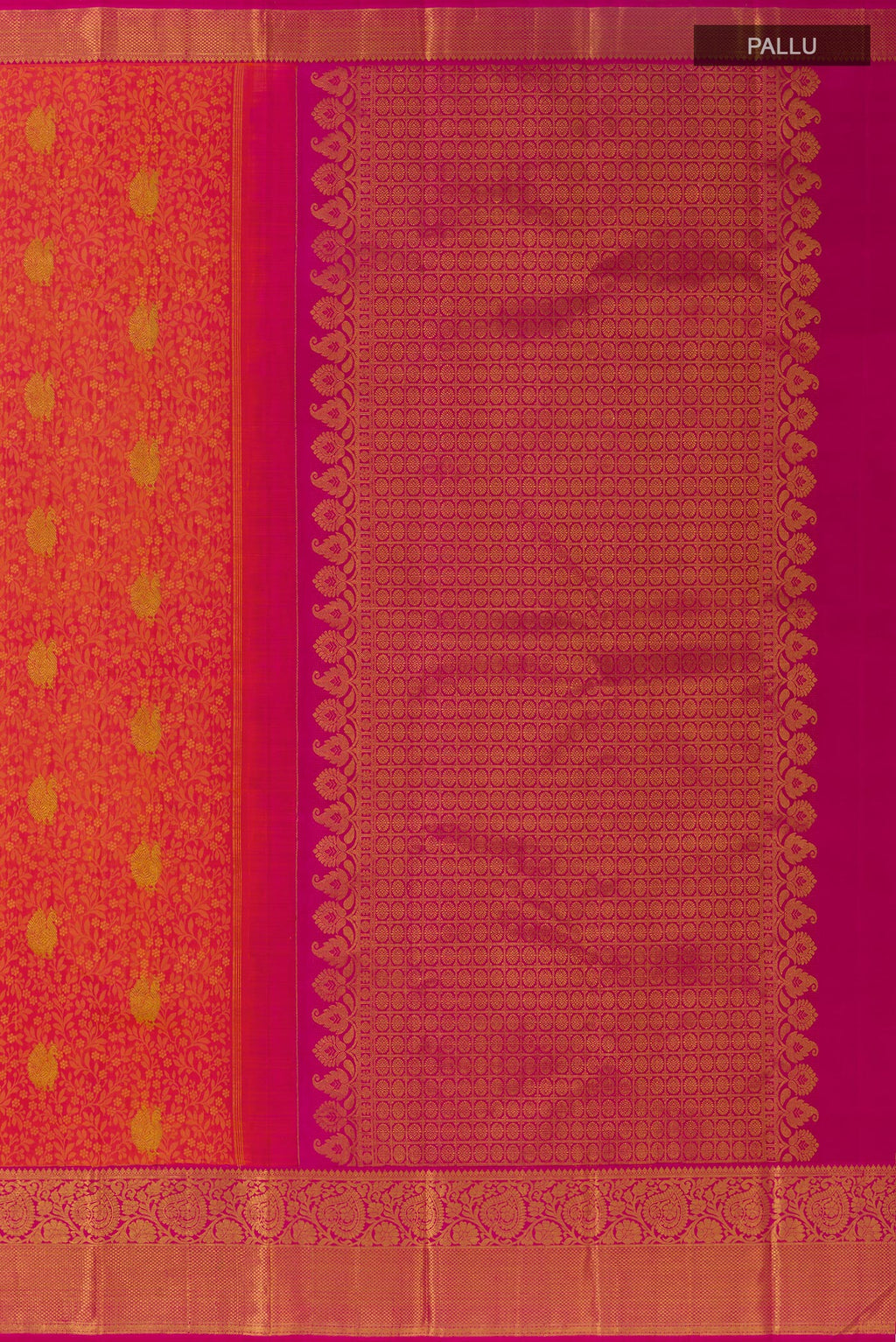 Close up image of the pallu of Coral Kanjivaram Silk Saree with Jacquard With Zari Butta on the body and Zari Border. 