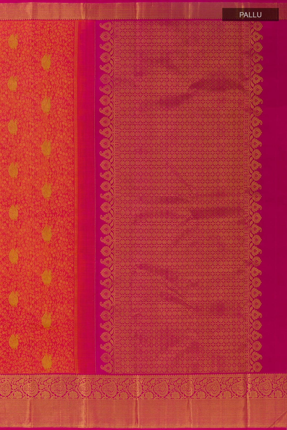 Close up image of the pallu of Coral Kanjivaram Silk Saree with Jacquard With Zari Butta on the body and Zari Border. 