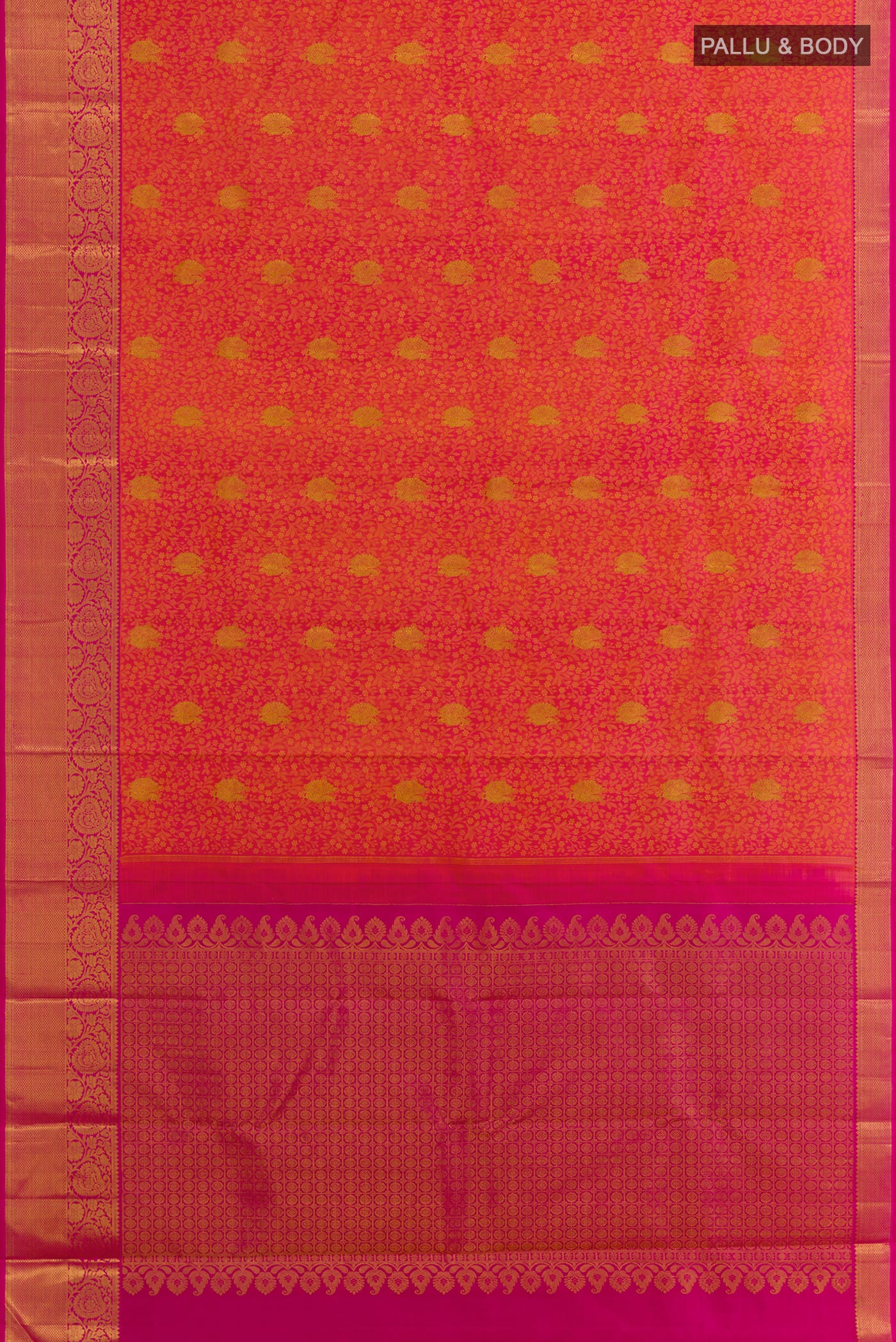 Flat view of Coral Kanjivaram Silk Saree with Jacquard With Zari Butta on the body and Zari Border. 
