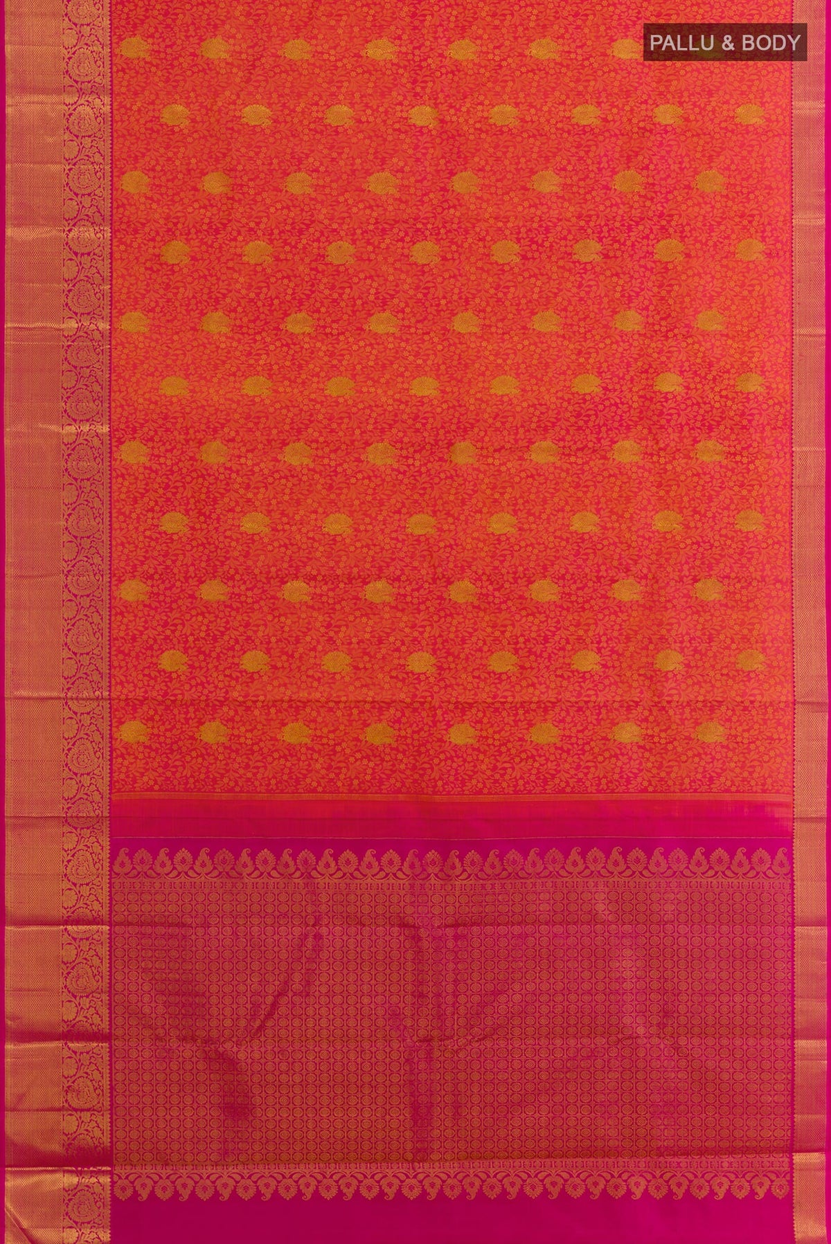 Flat view of Coral Kanjivaram Silk Saree with Jacquard With Zari Butta on the body and Zari Border. 